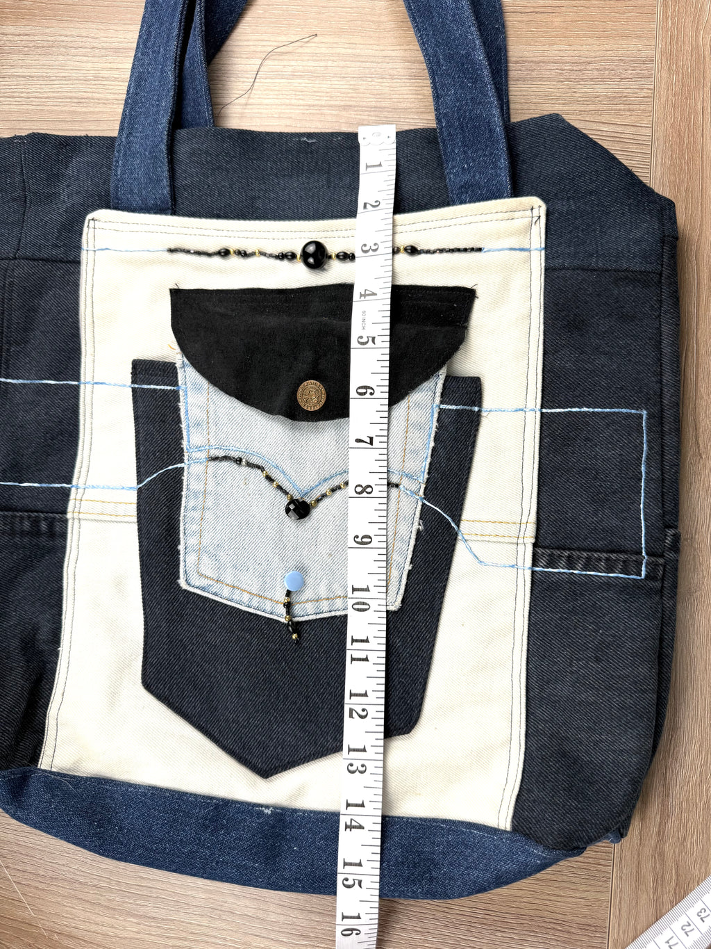 Handmade Upcycled Denim Patchwork Tote Bag  measuring 15.5" deep 