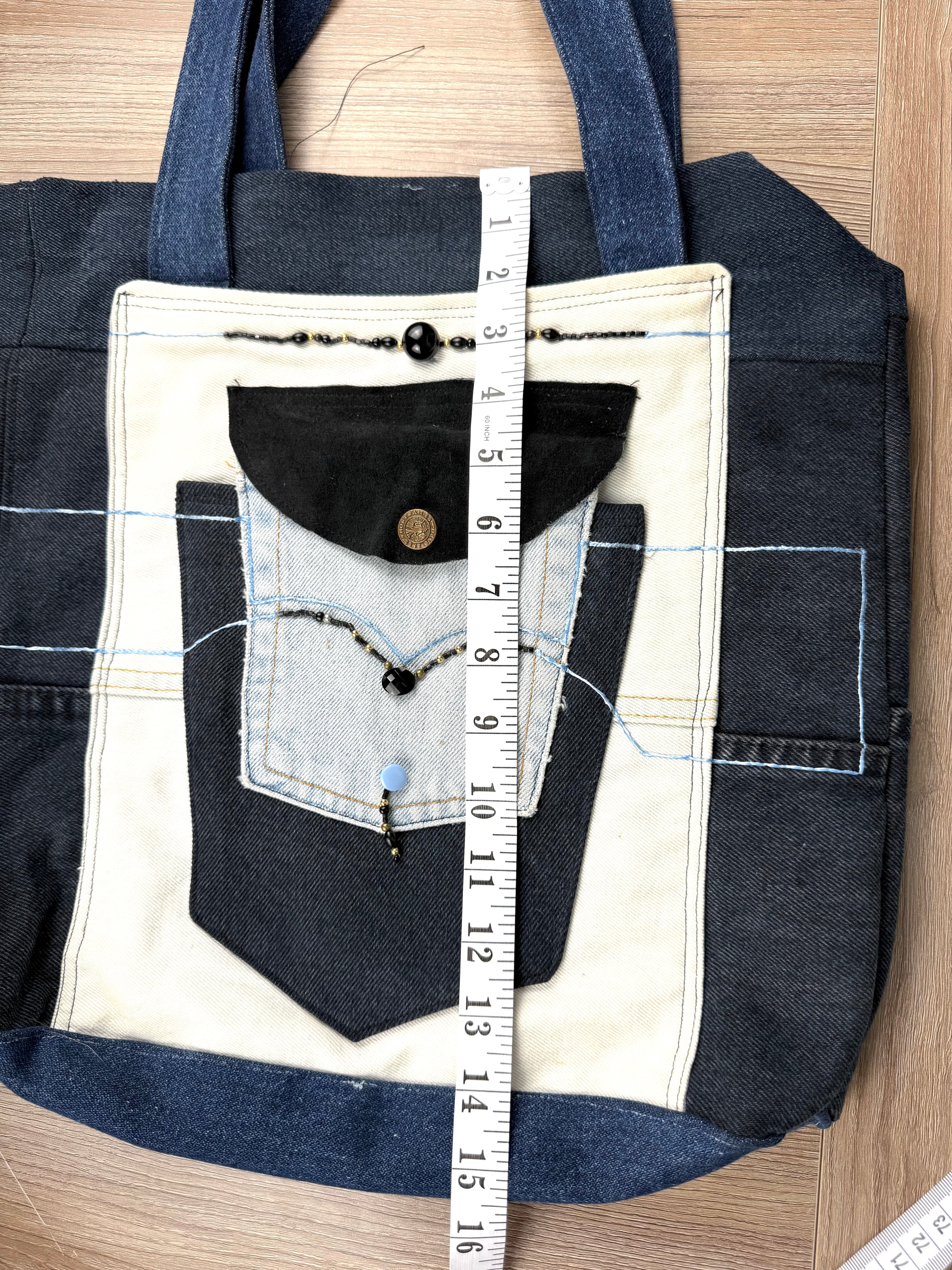 Handmade Upcycled Denim Patchwork Tote Bag  measuring 15.5" deep 