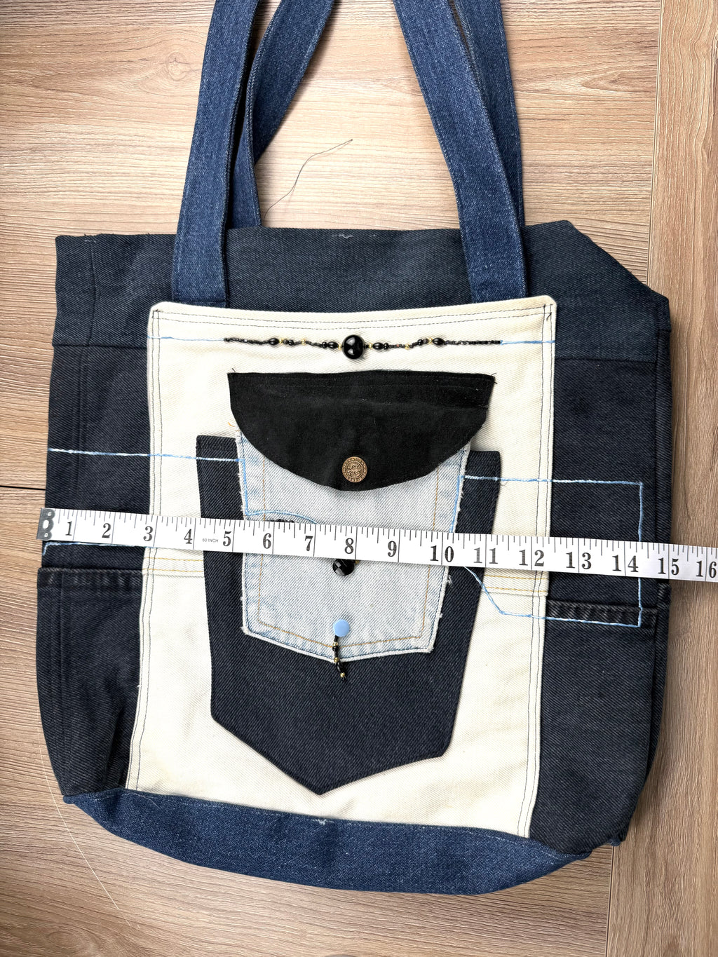 Handmade Upcycled Denim Patchwork Tote Bag  measuring 15" wide 