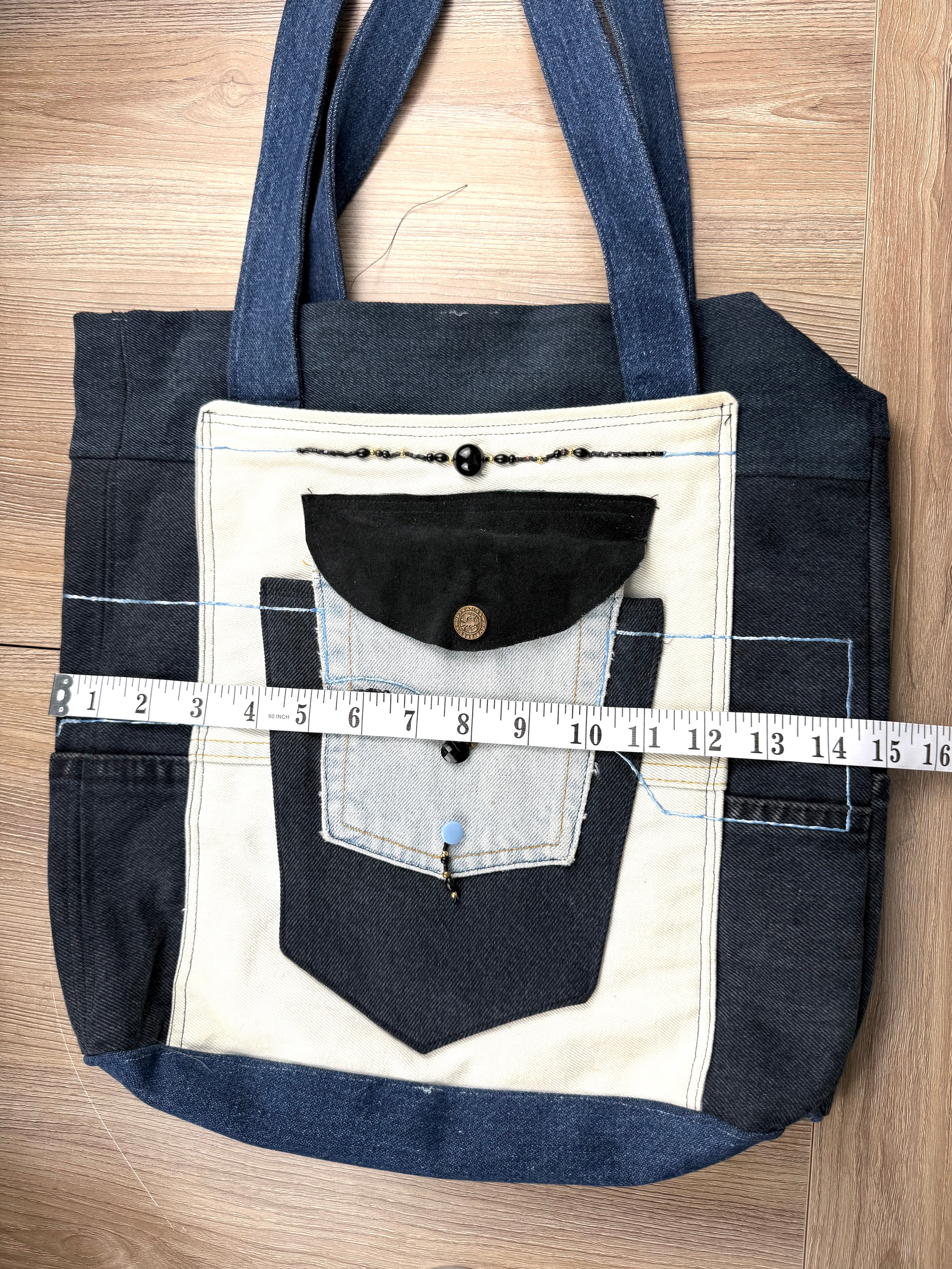 Handmade Upcycled Denim Patchwork Tote Bag  measuring 15" wide 
