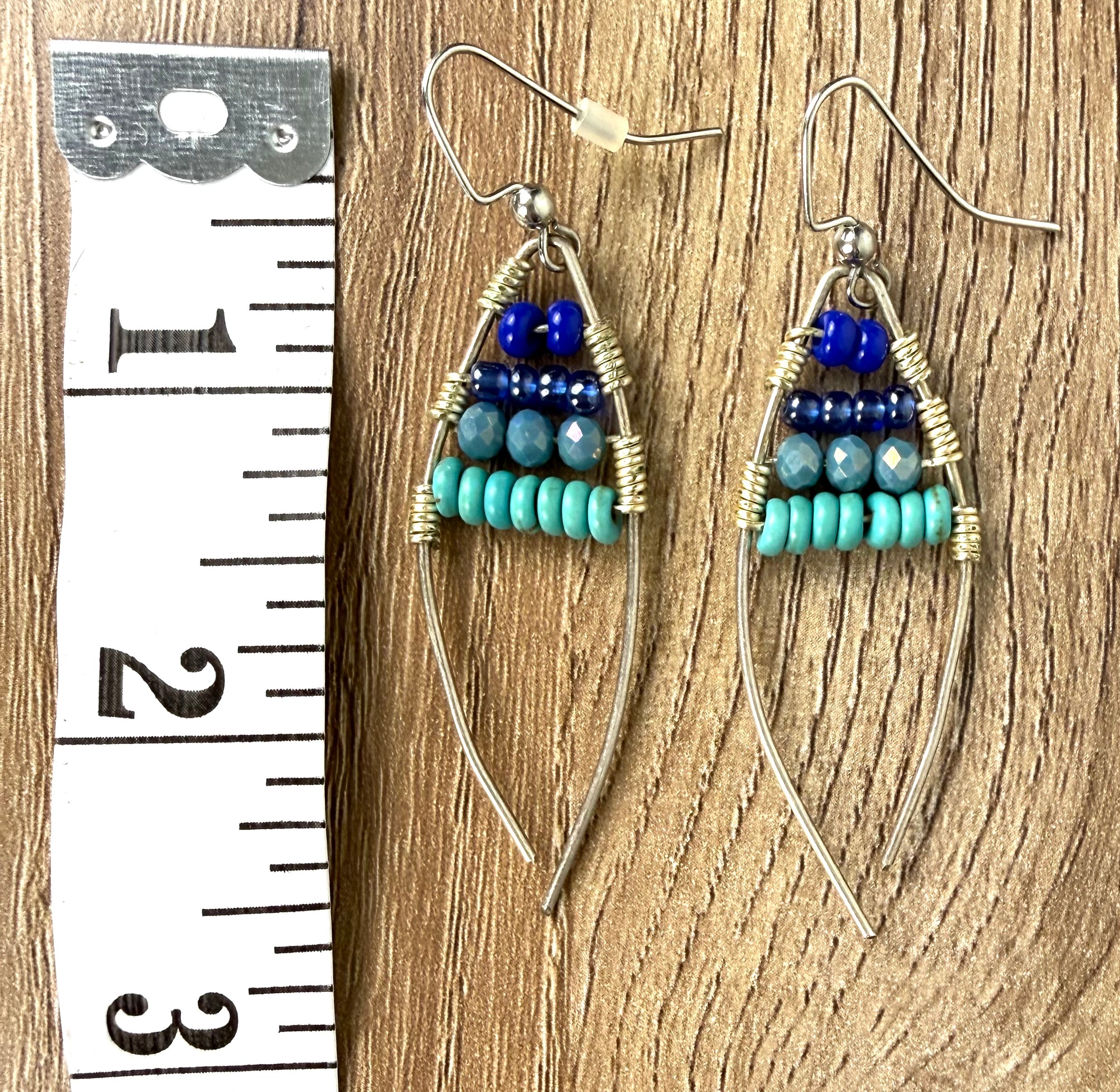 Handmade Wire Wrapped Turquoise Beaded Earrings measuring approx 3" long 