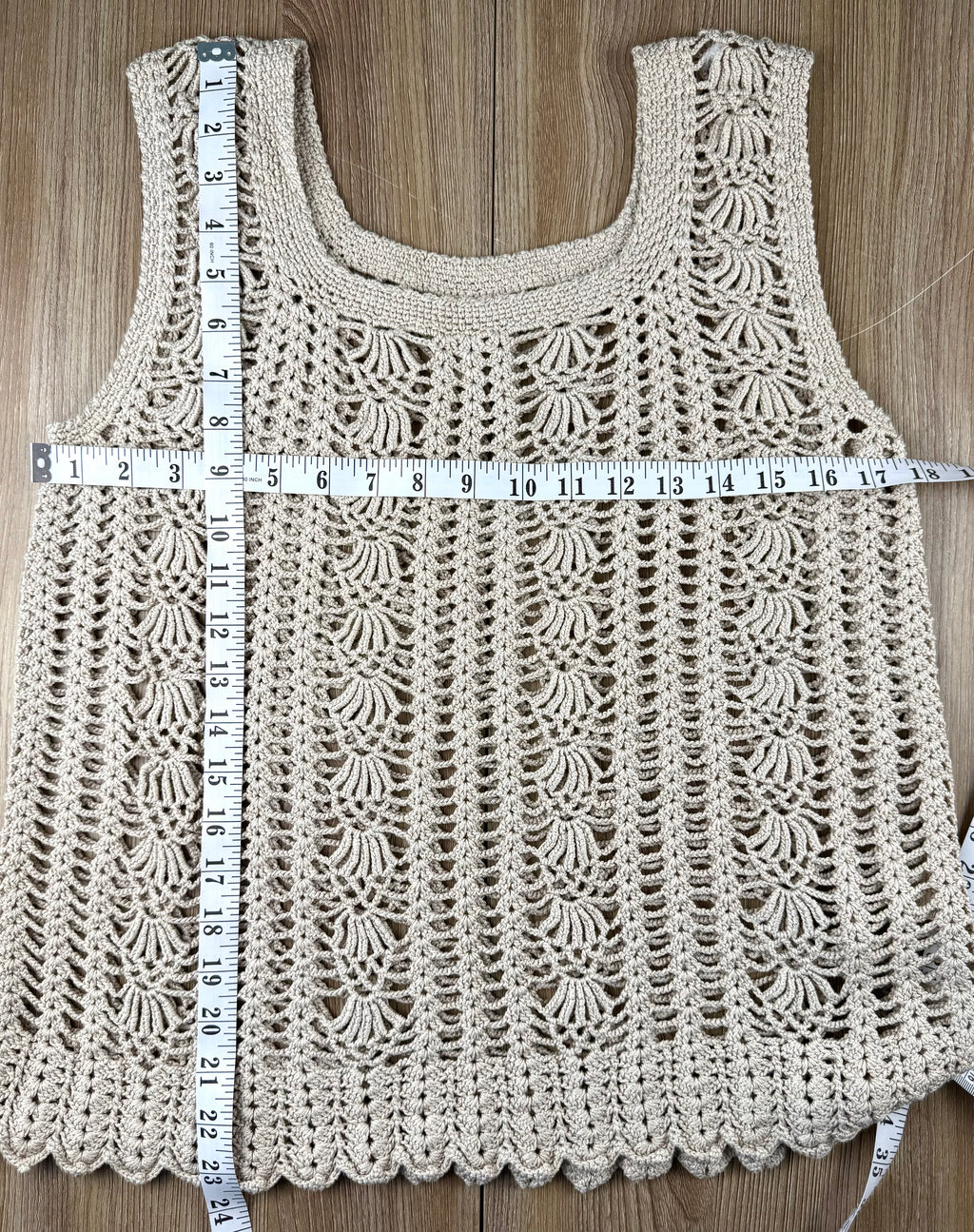 Handmade crochet sleeveless top measuring 36" bust and 23" shoulder to hem at Blue Sparrow Shop