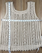 Handmade crochet sleeveless top measuring 36" bust and 23" shoulder to hem at Blue Sparrow Shop