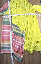 Handmade lime green draped cardigan with asymmetrical colourblock striped panel in pink and green tones measuring 36" bust and 28-33" shoulder to hem 