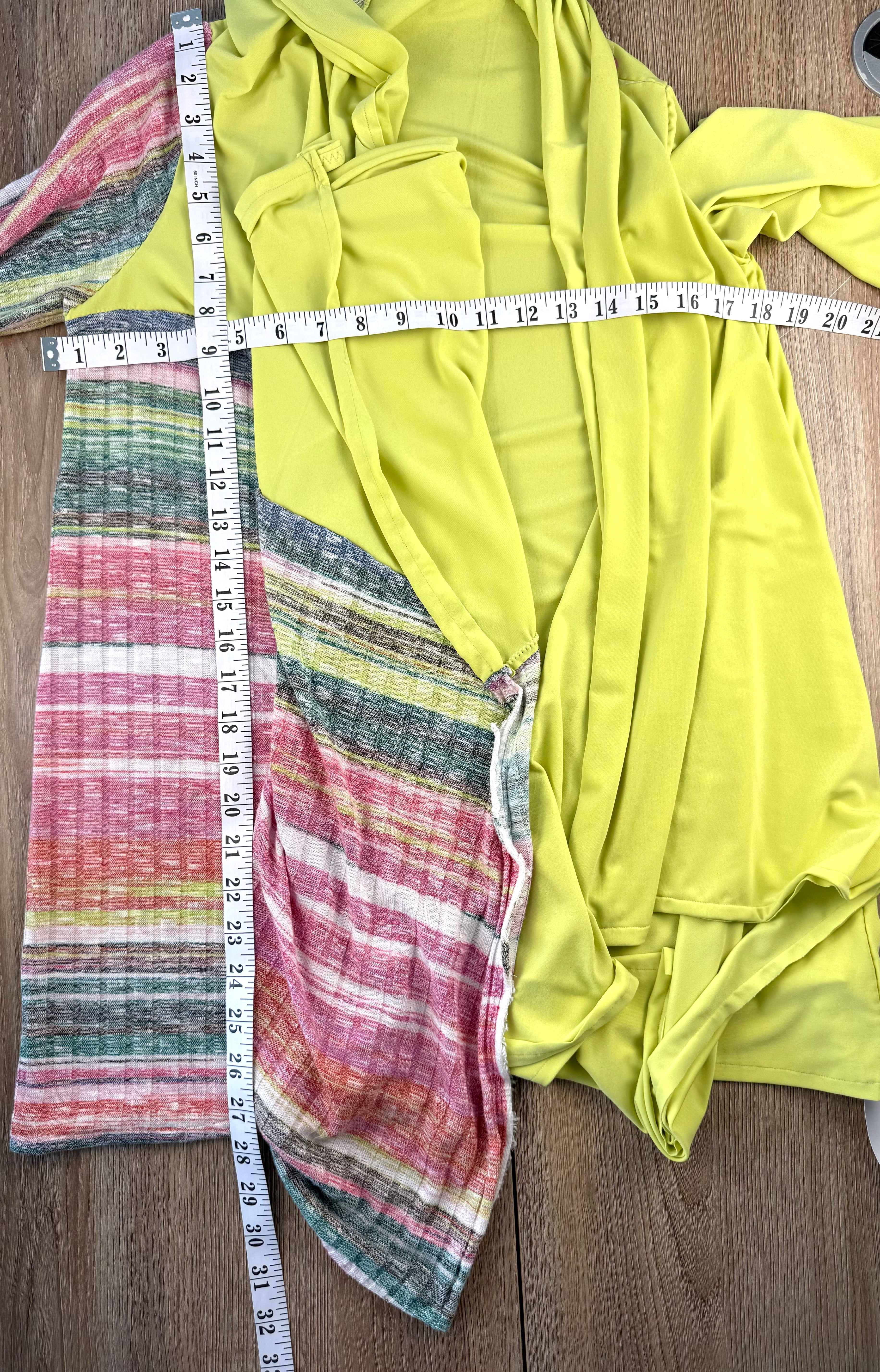 Handmade lime green draped cardigan with asymmetrical colourblock striped panel in pink and green tones measuring 36" bust and 28-33" shoulder to hem 