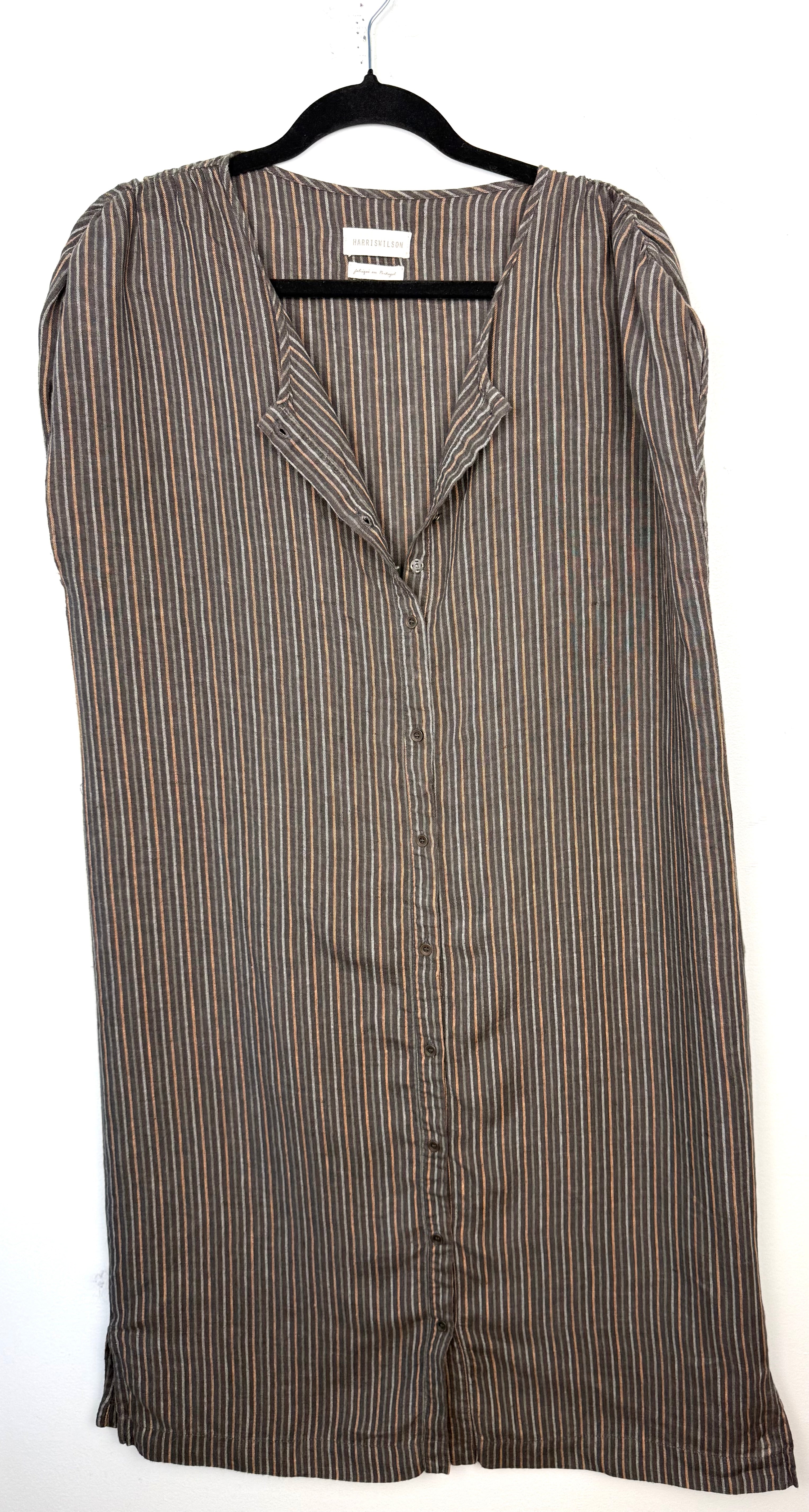 Harris Wilson 100% Linen Stripe Shirt Dress — Made in Portugal | Brown & White Pinstripe | Size 40 (CDN 10/12) at Blue Sparrow Shop front view on hanger