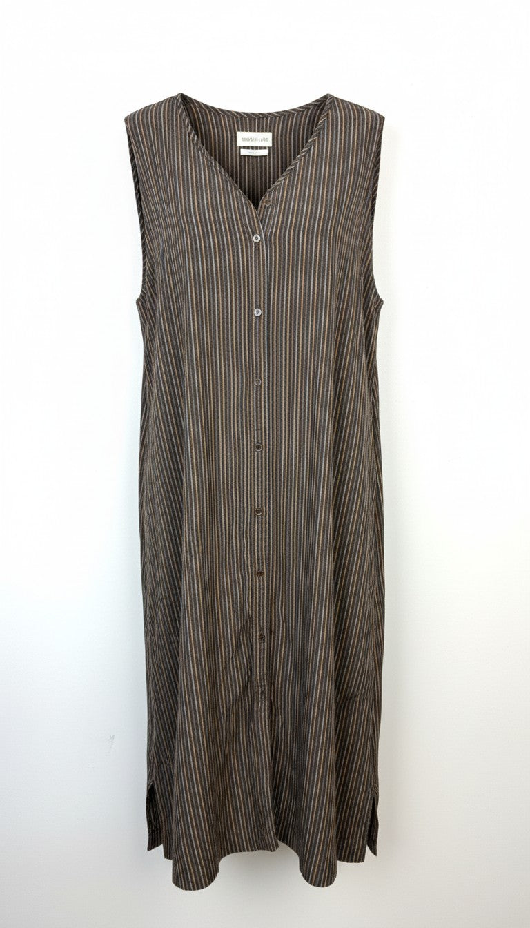 Harris Wilson 100% Linen Stripe Shirt Dress — Made in Portugal | Brown & White Pinstripe | Size 40 (CDN 10/12) at Blue Sparrow Shop main image 