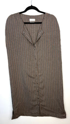 Harris Wilson 100% Linen Stripe Shirt Dress — Made in Portugal | Brown & White Pinstripe | Size 40 (CDN 10/12) at Blue Sparrow Shop on hanger