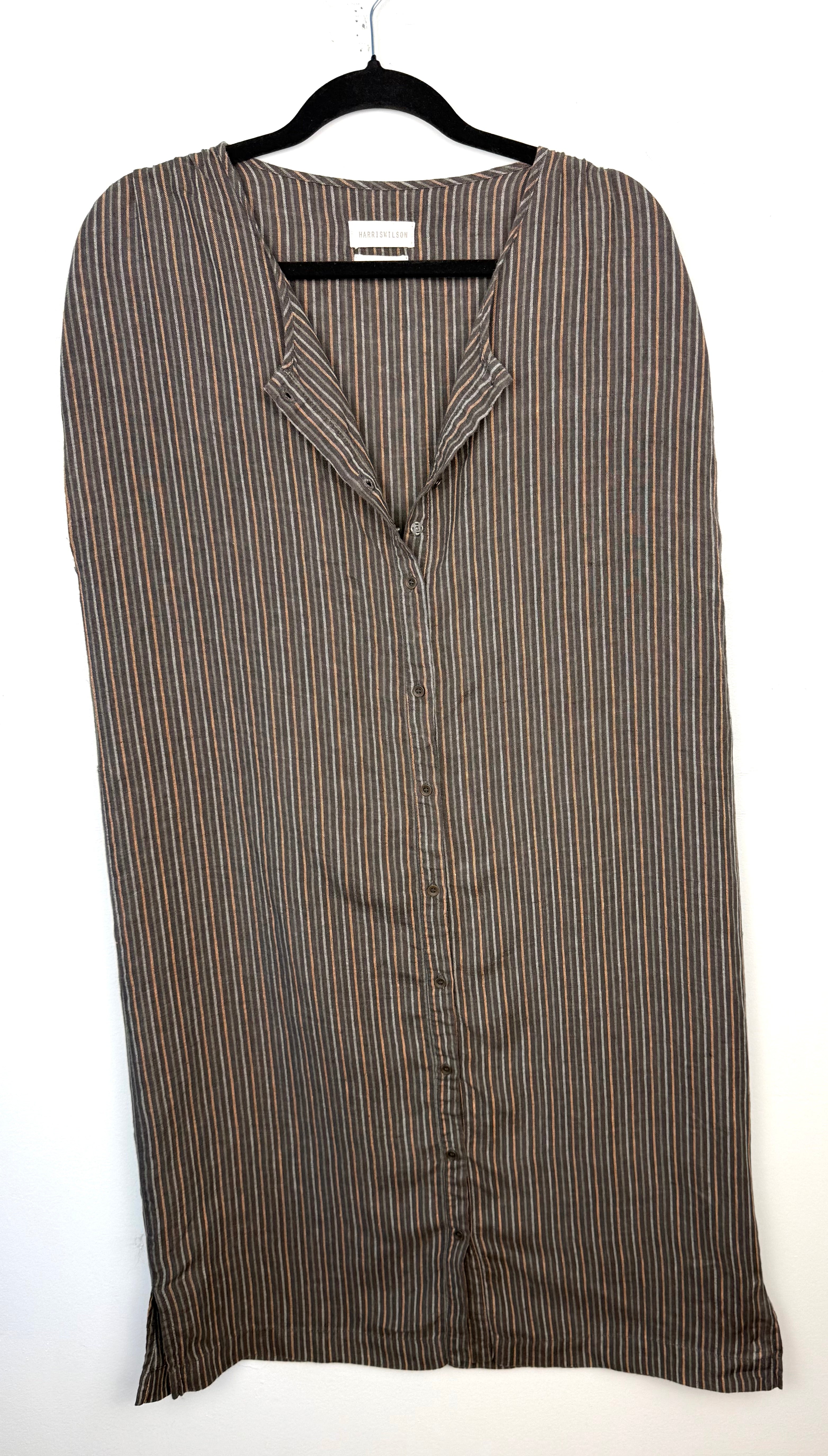 Harris Wilson 100% Linen Stripe Shirt Dress — Made in Portugal | Brown & White Pinstripe | Size 40 (CDN 10/12) at Blue Sparrow Shop on hanger