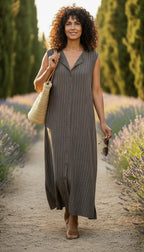 Harris Wilson 100% Linen Stripe Shirt Dress — Made in Portugal | Brown & White Pinstripe | Size 40 (CDN 10/12) at Blue Sparrow Shop on woman walking on outdoor pathway