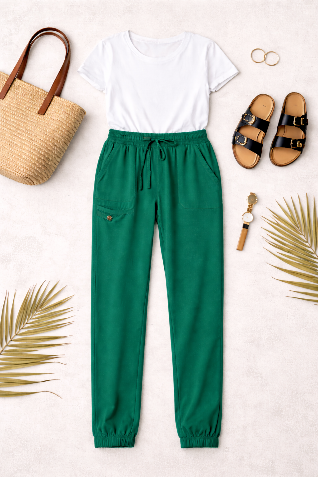 Healing Hands Pants | Size M in kelly green at Blue Sparrow Shop  on flatlay  with bag, sandals, white tshirt