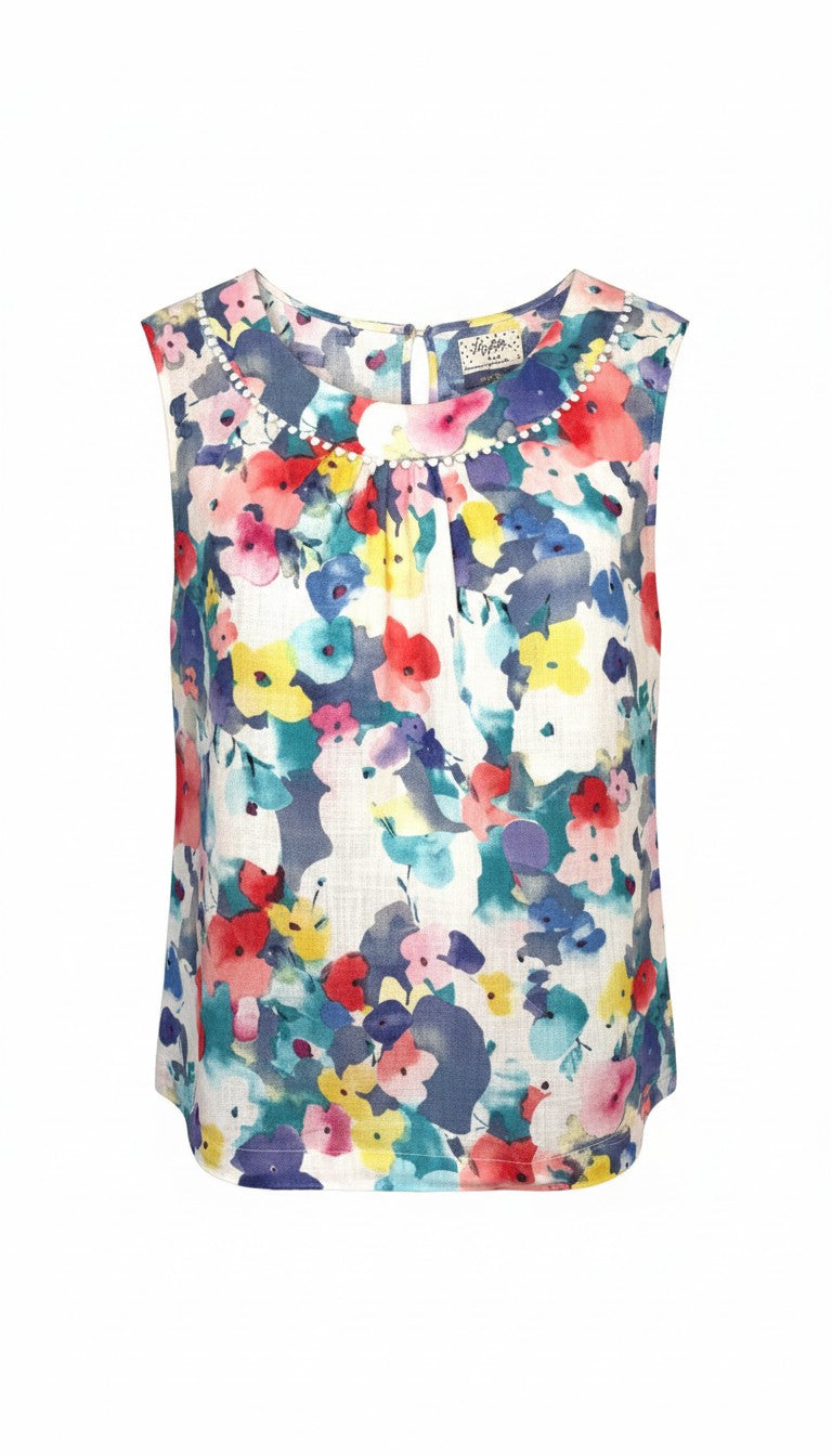 Heyton 100% Linen Watercolour Floral Shell Top — Pom-Pom Neckline | Size 12 at Blue Sparrow Shop 