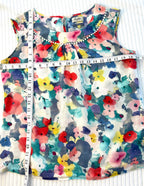 Heyton 100% Linen Watercolour Floral Shell Top — Pom-Pom Neckline | Size 12 at Blue Sparrow Shop  measuring 40" bust and 24" shoulder to hem 