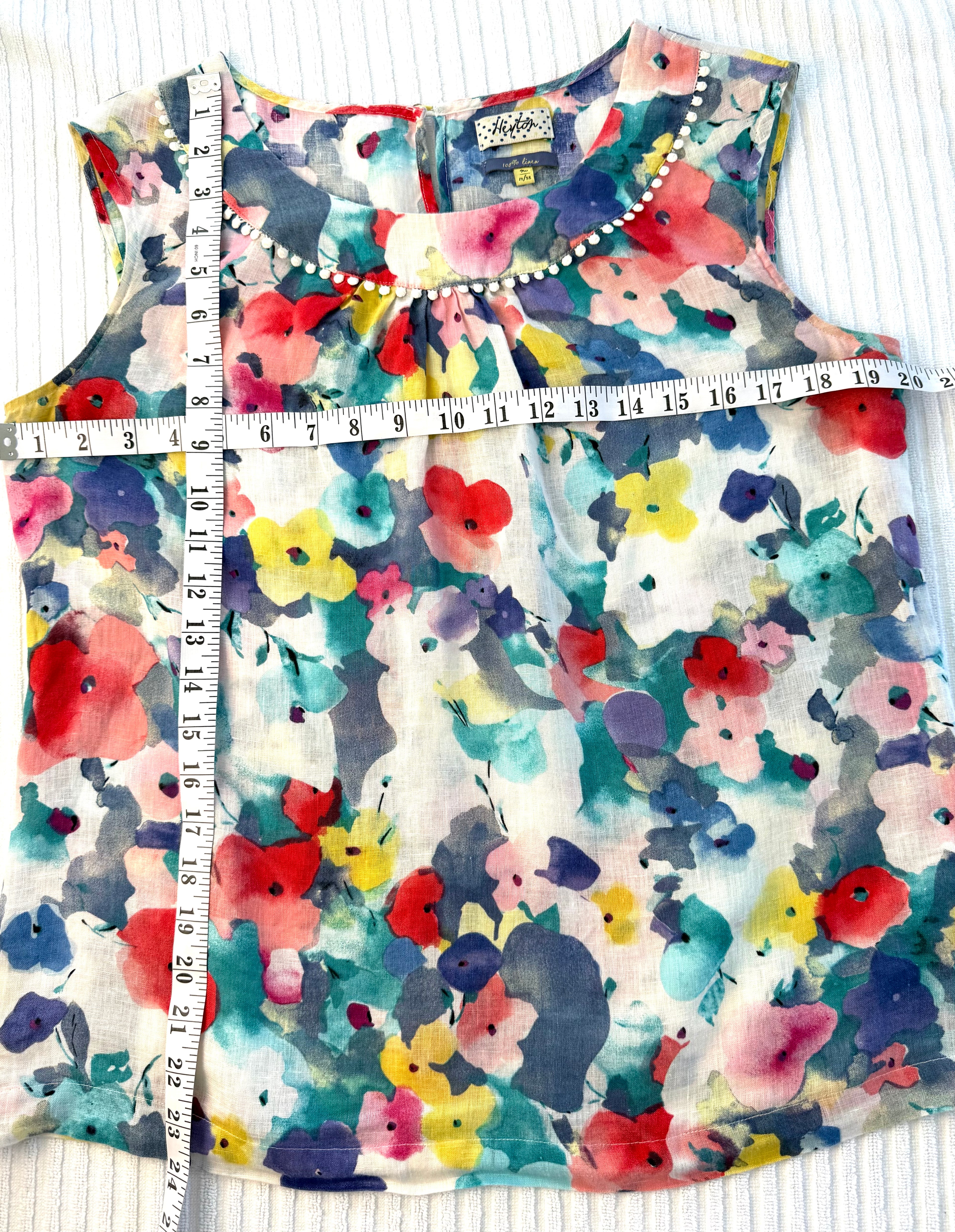 Heyton 100% Linen Watercolour Floral Shell Top — Pom-Pom Neckline | Size 12 at Blue Sparrow Shop  measuring 40" bust and 24" shoulder to hem 