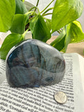 Labradorite free form stand on a book with a dime for scale 