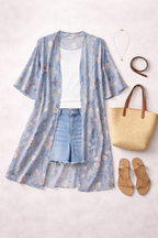 Hilary Radley Kimono | Blue Hilary Radley Long Duster Jacket Boho Style at Blue Sparrow Shop lifestyle photo