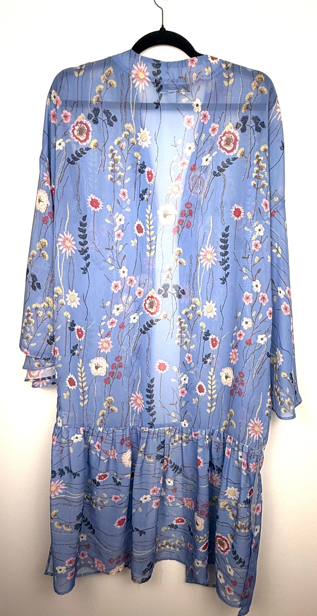 Hilary Radley blue floral kimono | boho duster  back view on hanger