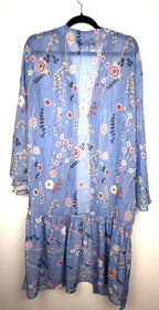 Hilary Radley blue floral kimono | boho duster  back view on hanger