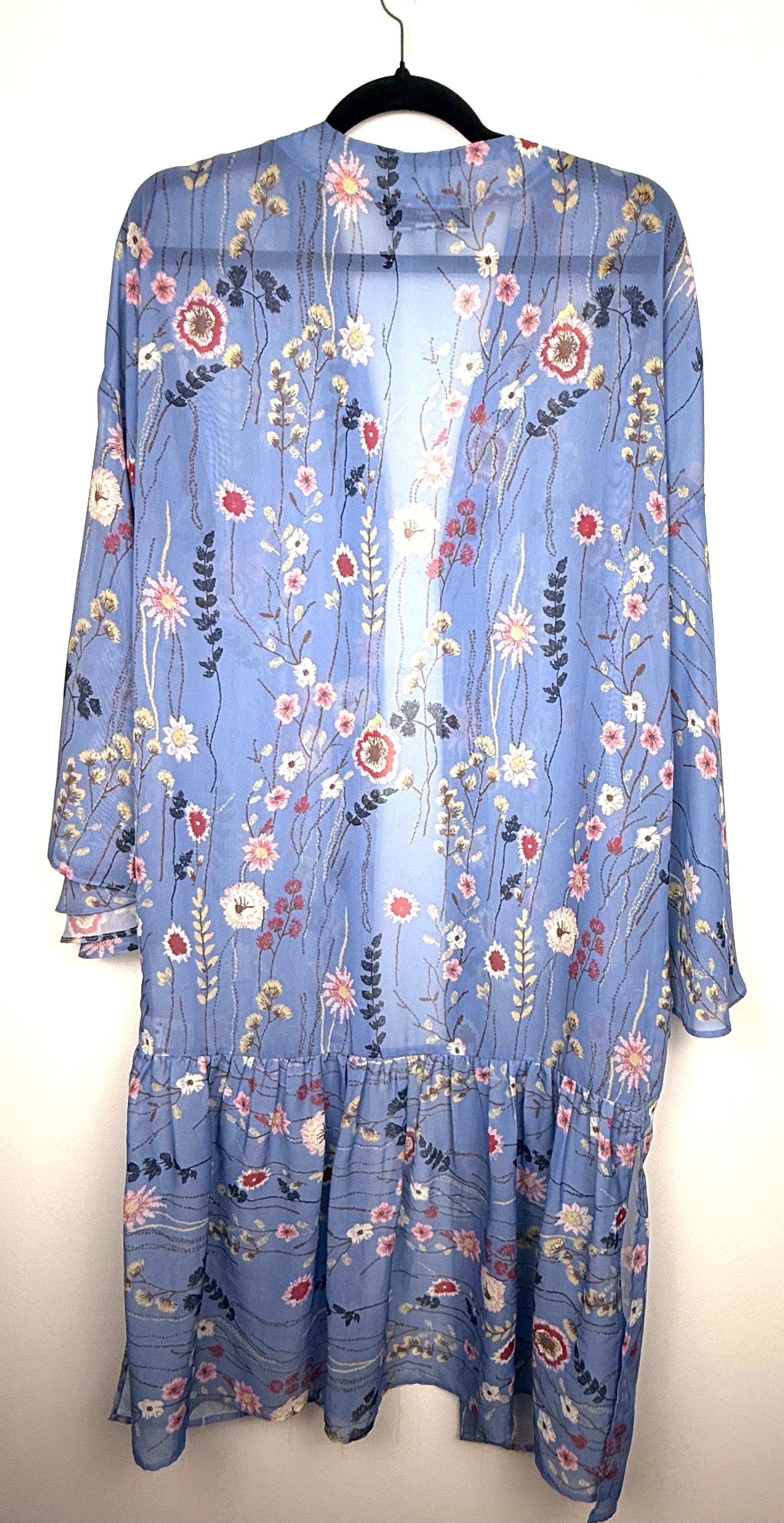 Hilary Radley blue floral kimono | boho duster  back view on hanger