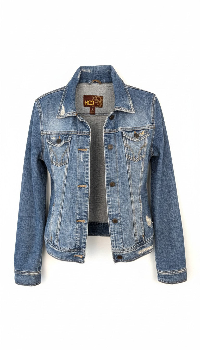 Hollister HCO 100% Cotton Distressed Trucker Denim Jacket — Medium Wash | Size L at Blue Sparrow Shop