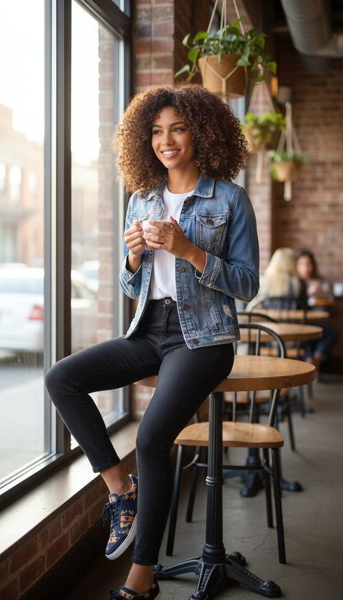 Hollister HCO 100% Cotton Distressed Trucker Denim Jacket — Medium Wash | Size L at Blue Sparrow Shop on woman sipping coffee in cafe