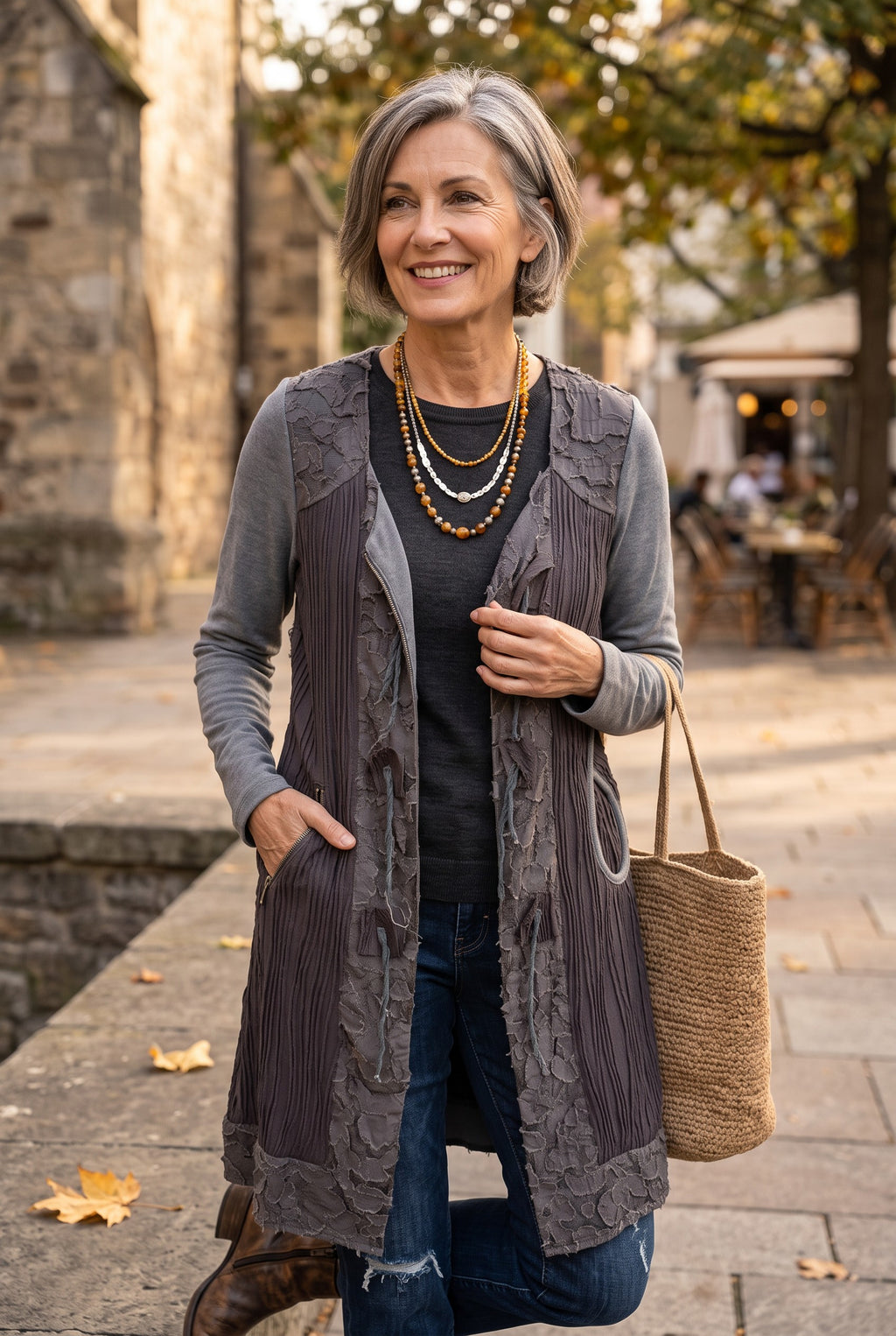 Hypnose Grey Mixed-Media Layered Cardigan | Size S/M on ai woman outdoors with straw bag