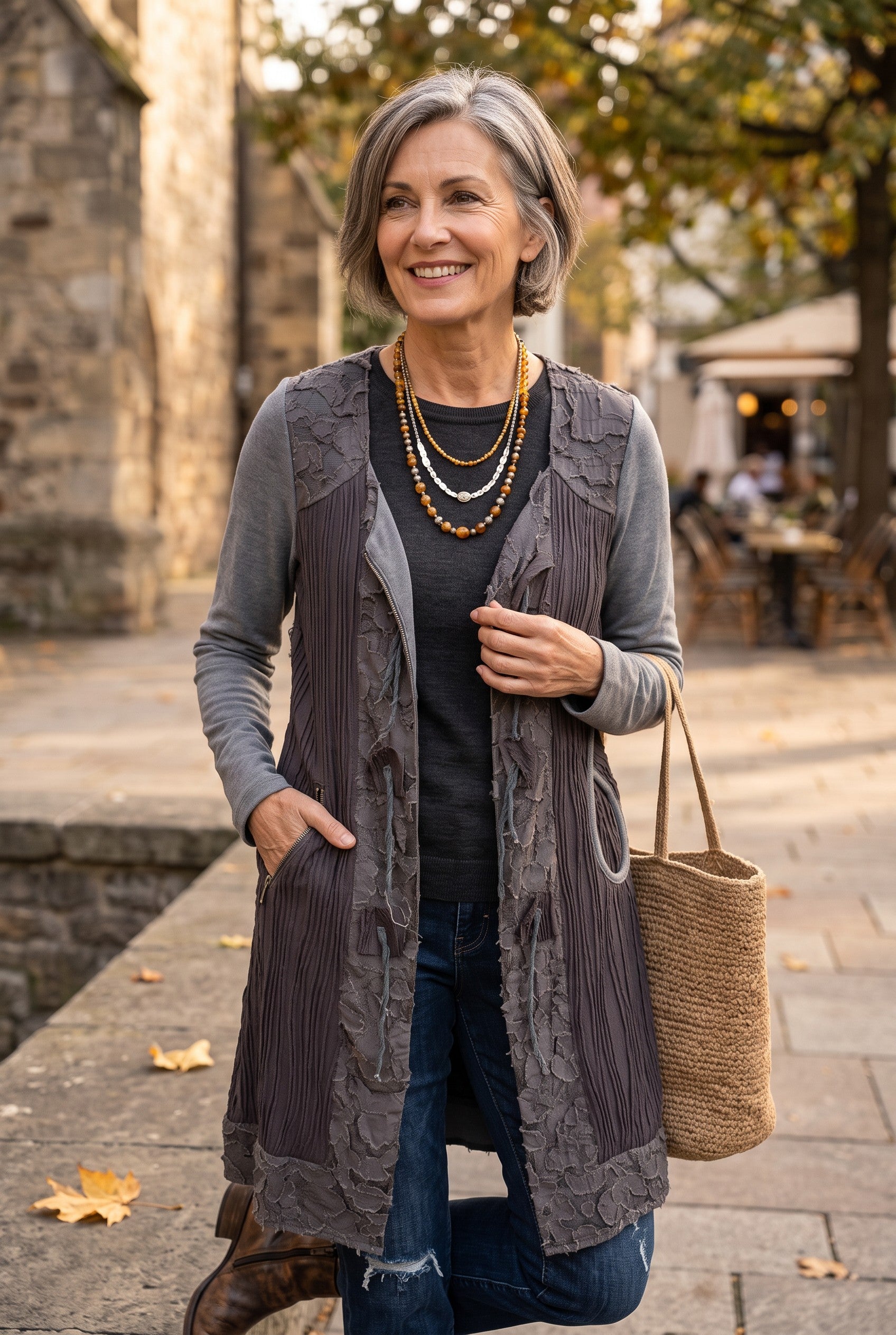 Hypnose Grey Mixed-Media Layered Cardigan | Size S/M on ai woman outdoors with straw bag