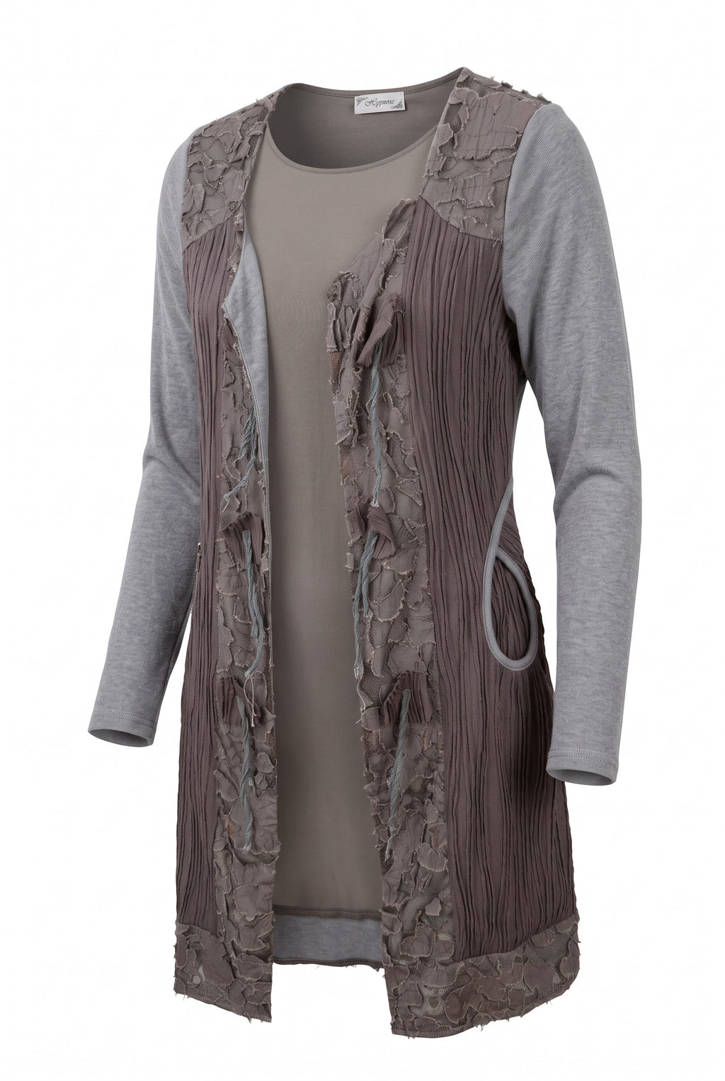 Hypnose Grey Mixed-Media Layered Cardigan | Size S/M on white background
