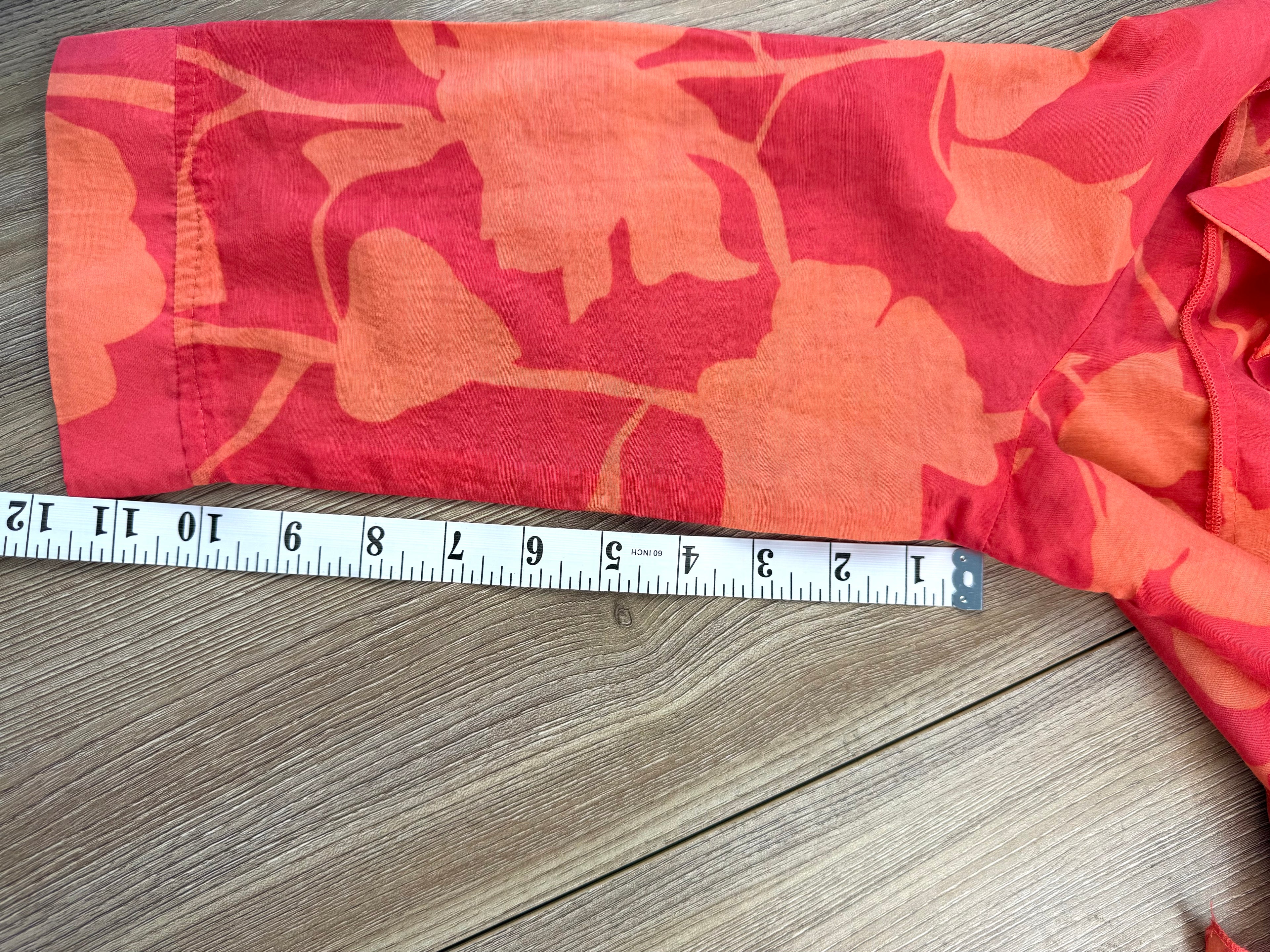 IC by Connie K Silk Blend Blouse in coral and orange measuring 12" sleeve 