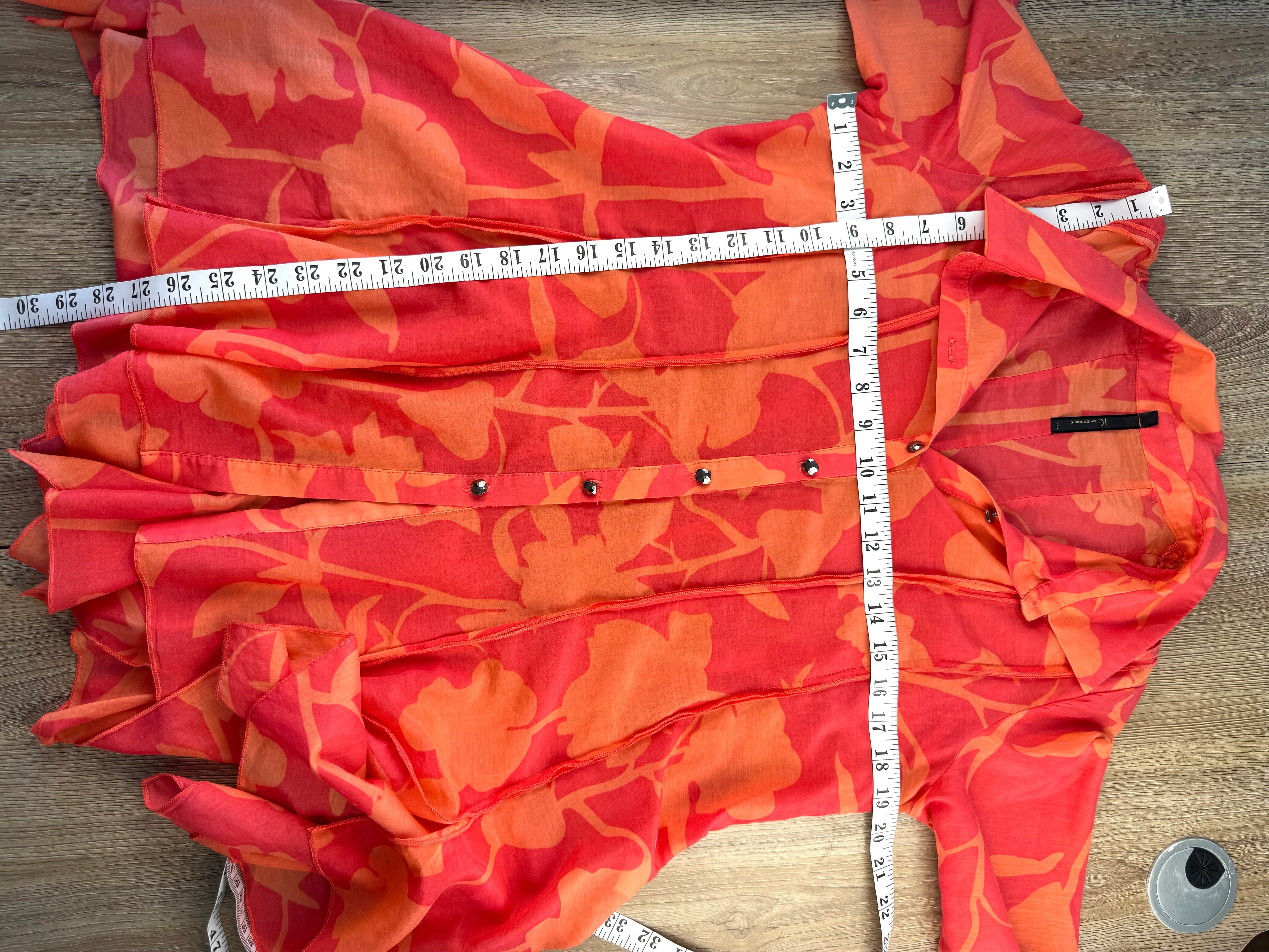 IC by Connie K Silk Blend Blouse in coral and orange measuring 38" bust and 28-31" shoulder to hem 