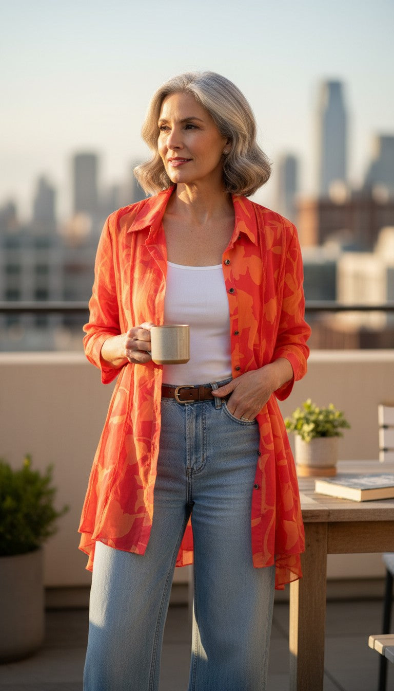 IC_by_Connie_K_Silk_Blend_Blouse_in_coral_and_orange_on woman outside drinking coffee 