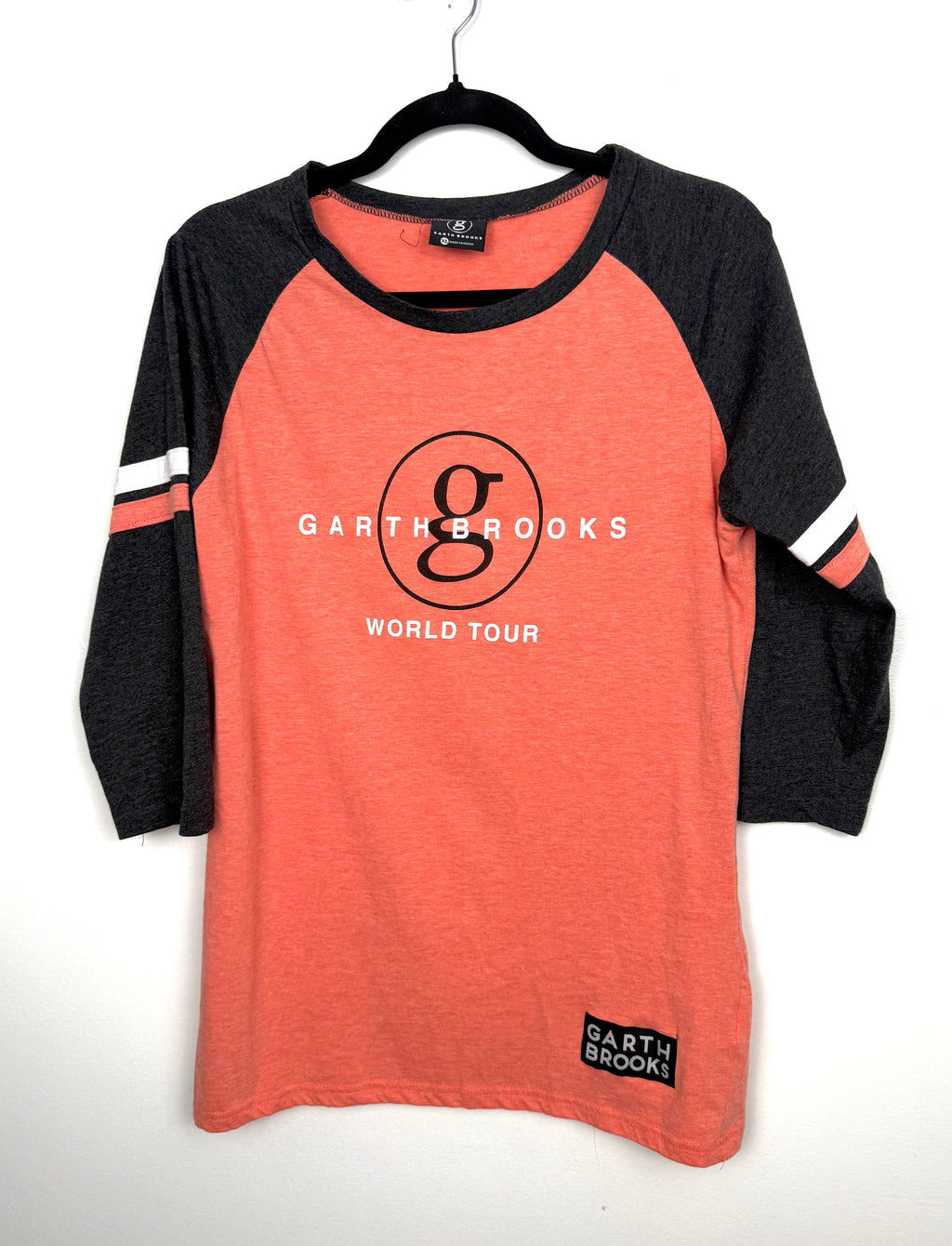 Garth Brooks World Tour raglan concert shirt coral and charcoal front view