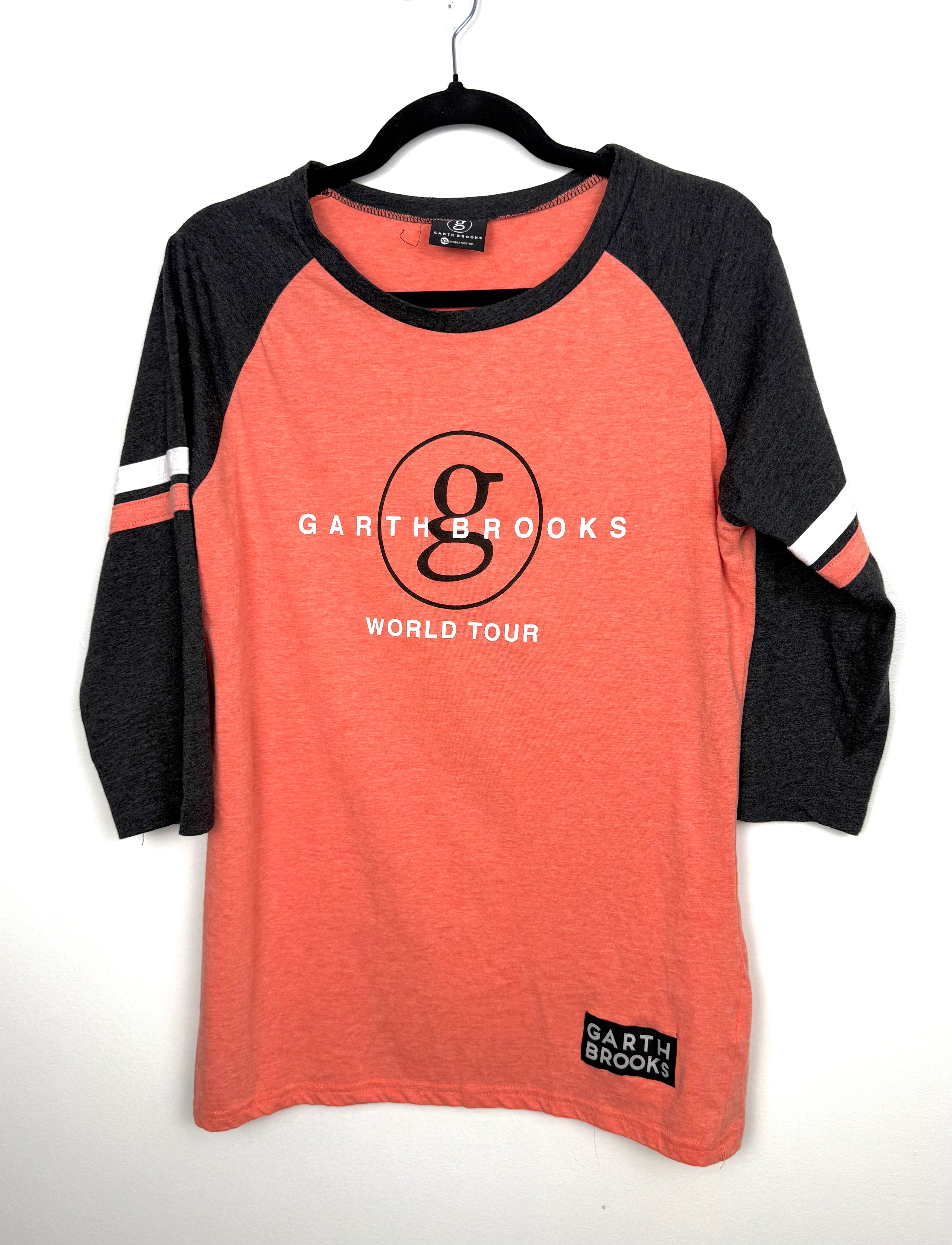 Garth Brooks World Tour raglan concert shirt coral and charcoal front view