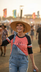 Garth Brooks World Tour Raglan Tee | Size XL at Blue Sparrow Shop on woman at concert wearing hat and overalls