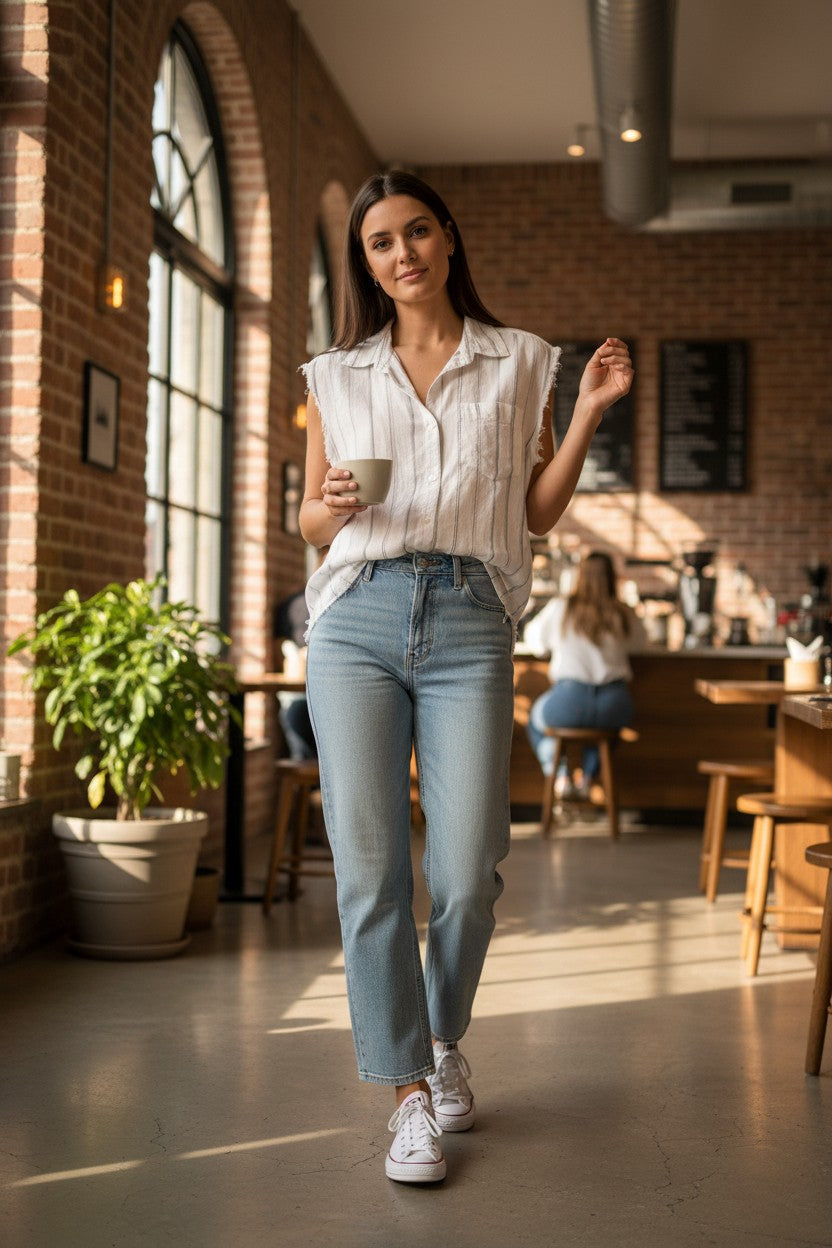 100% Linen Zara Sleeveless Button Front Top | Size M at Blue Sparrow Shop  on woman wearing barrel jeans in coffee shop