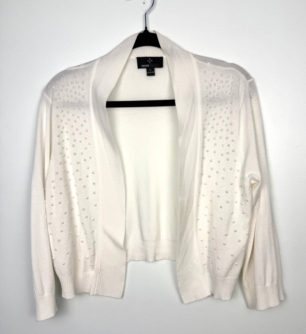 Women’s pearl embellished cropped cardigan in ivory, dressy open front sweater on hanger 