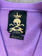 Inside tag  on  Guzzo 1969 handmade lilac cable knit cardigan XXL UK made cotton sweater with yellow and black stripe detail