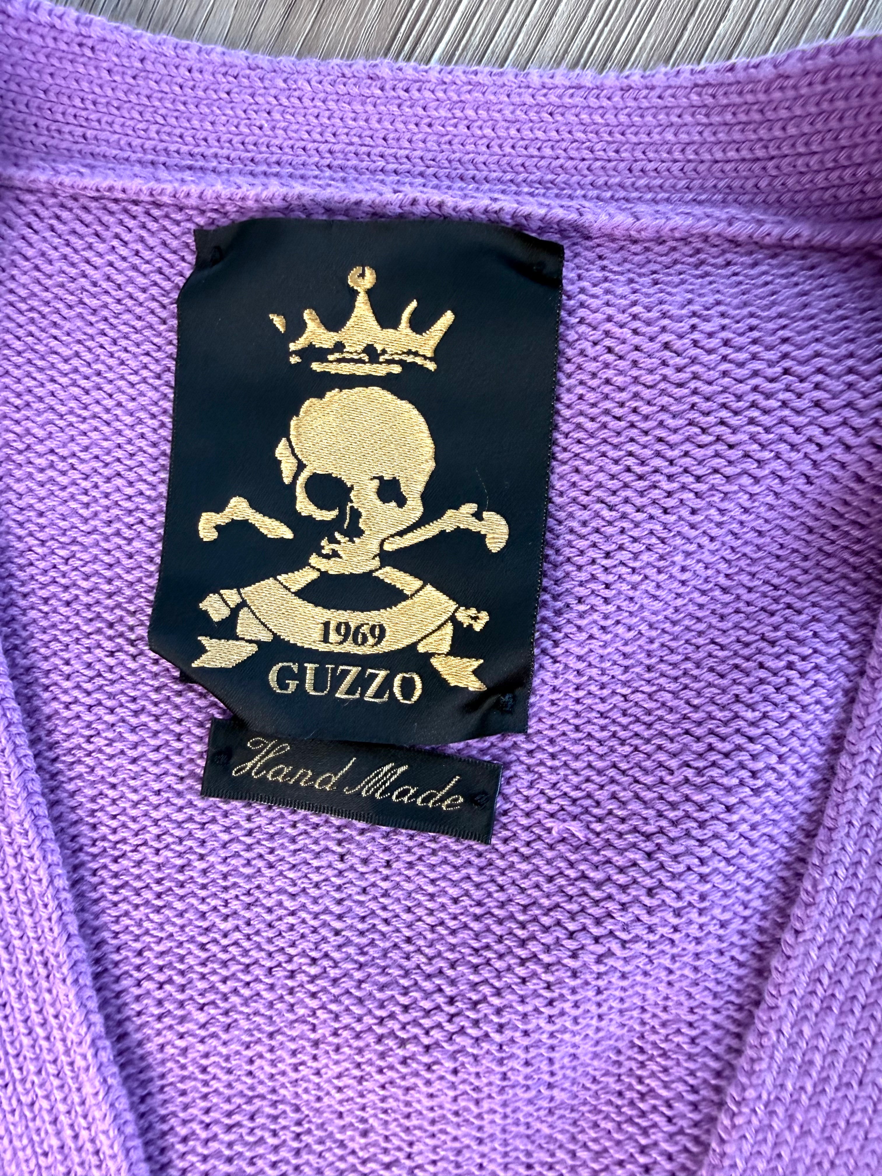 Inside tag  on  Guzzo 1969 handmade lilac cable knit cardigan XXL UK made cotton sweater with yellow and black stripe detail
