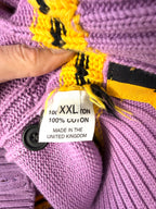 Inside tag showing XXL on  Guzzo 1969 handmade lilac cable knit cardigan XXL UK made cotton sweater with yellow and black stripe detail