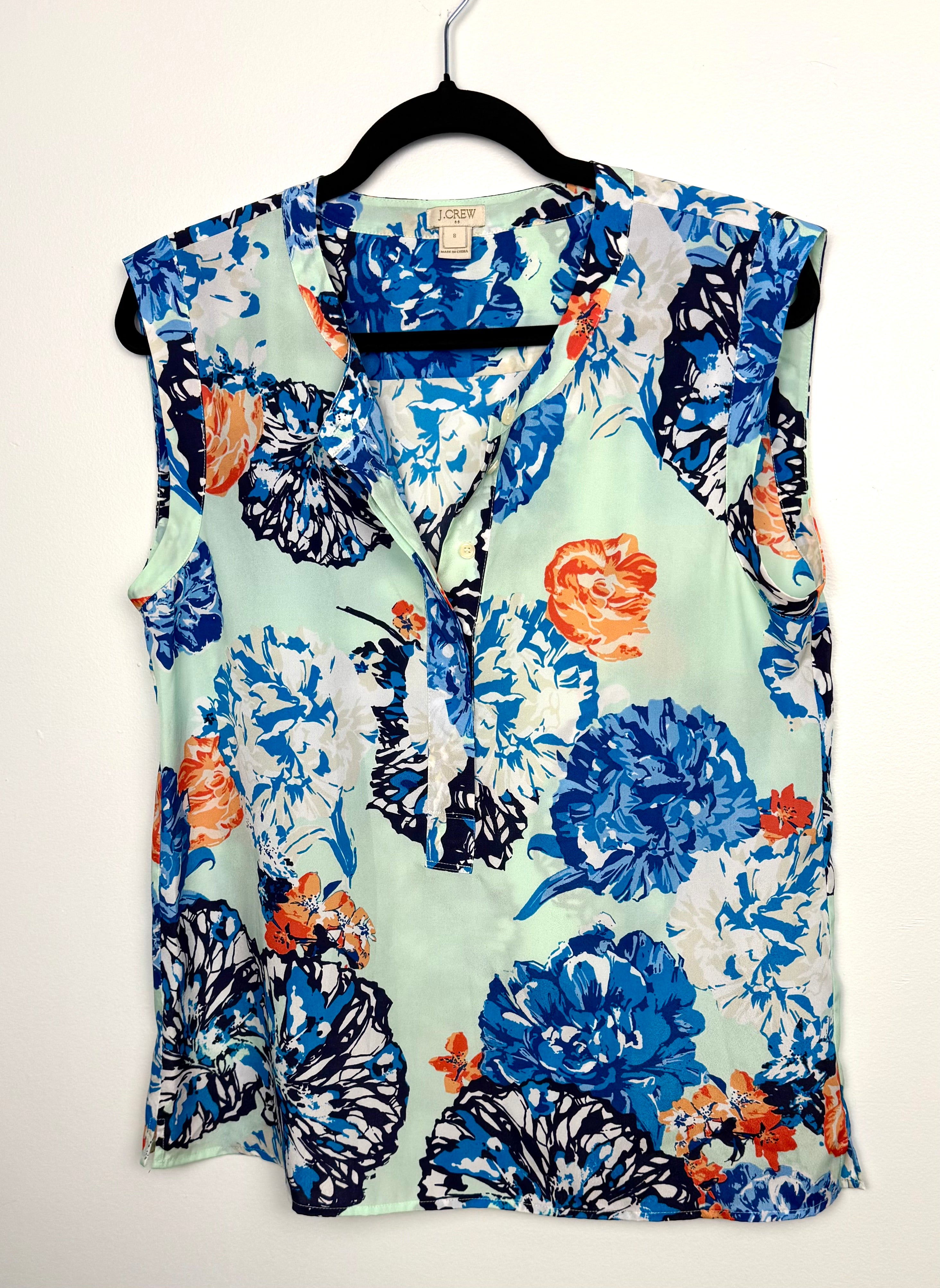 J.Crew sleeveless floral blouse mint blue orange size 8 front view