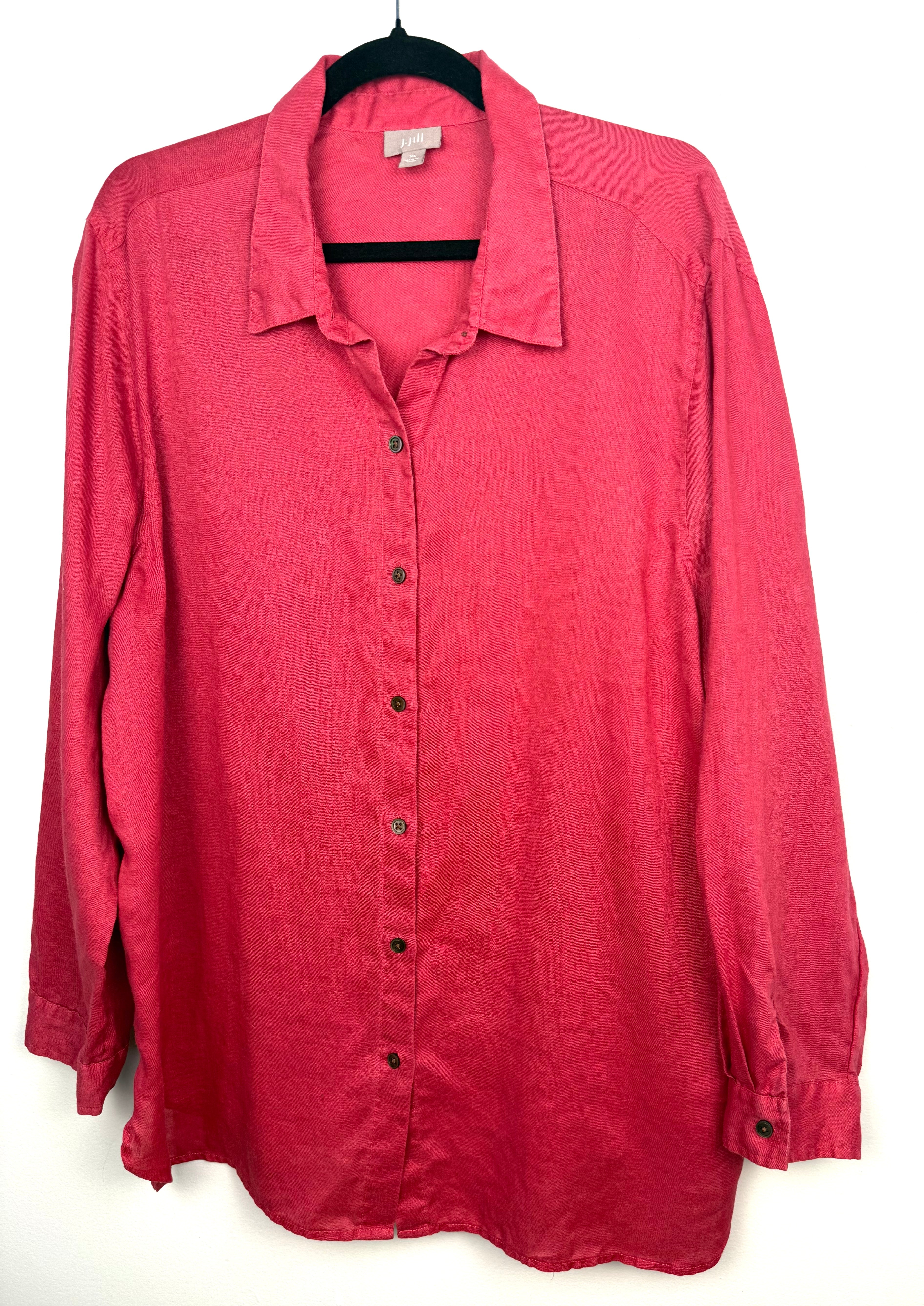 J.Jill 100% Linen Oversized Button-Down Shirt — Washed Rose Pink | Size XL at Blue Sparrow Shop  on hanger