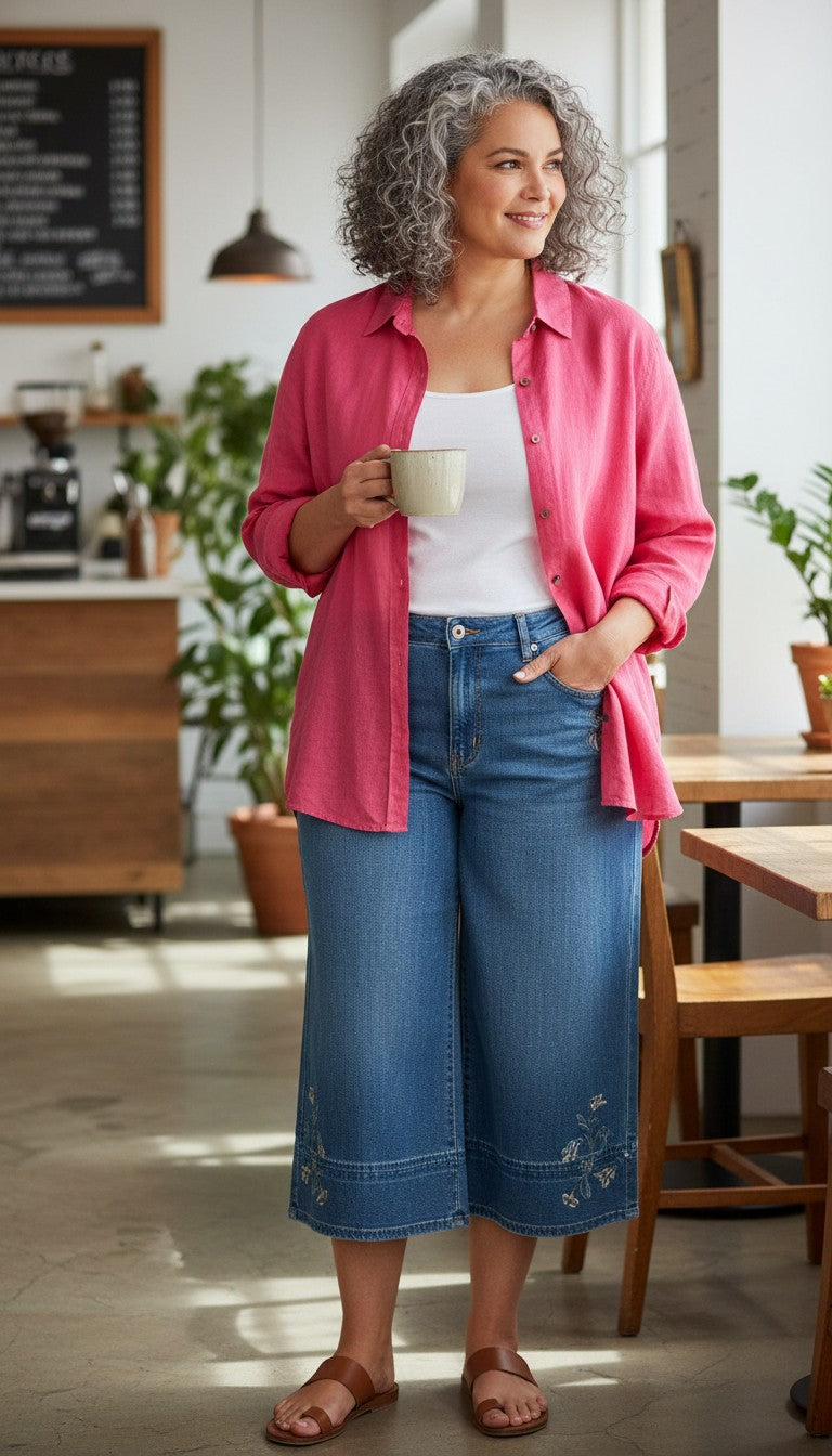 J.Jill 100% Linen Oversized Button-Down Shirt — Washed Rose Pink | Size XL at Blue Sparrow Shop  on woman in cafe