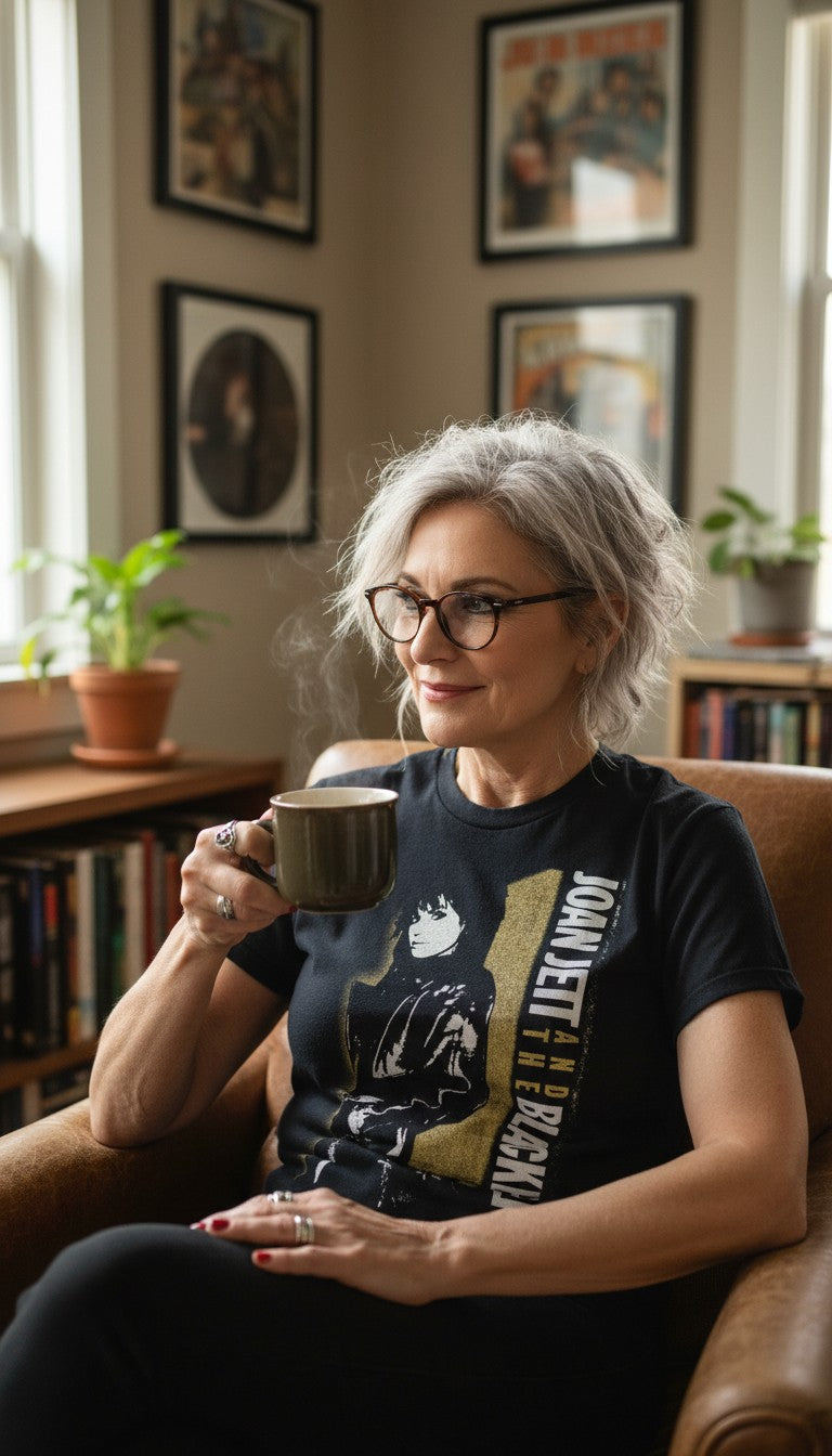 Joan Jett and the Blackhearts 100% Cotton Band Tee — Official Merch | Size M at Blue Sparrow Shop on woman with grey hair and glasses drinking coffee