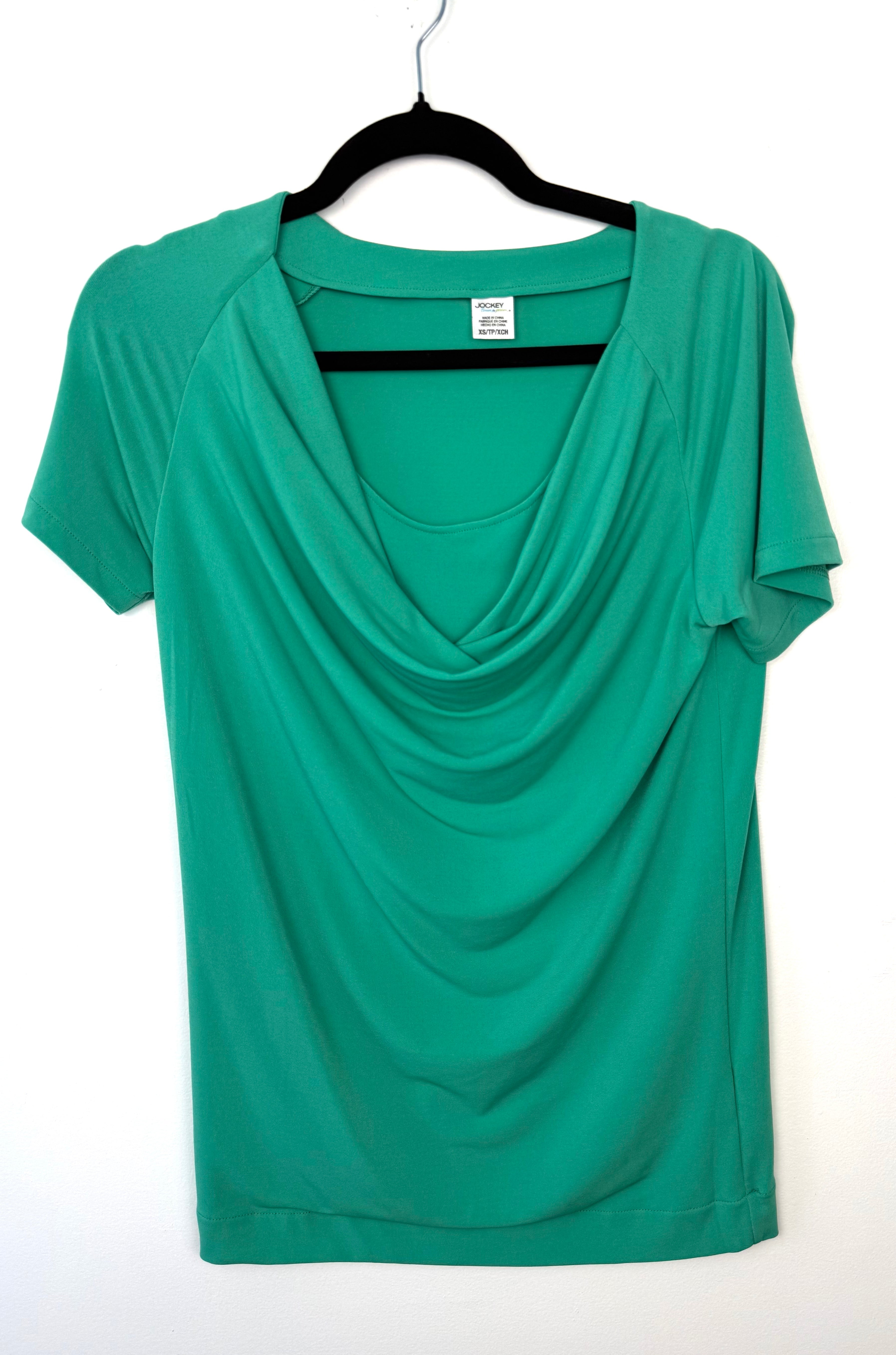 Jockey Emerald Green Draped Cowl Neck Top | XS at Blue Sparrow Shop on hanger
