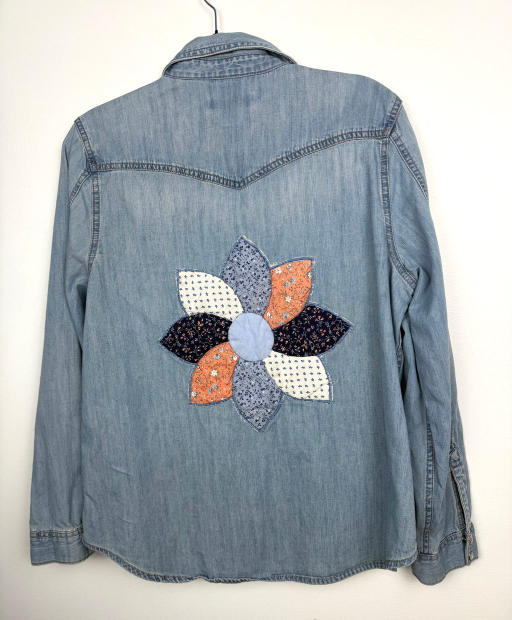 Jordache Denim Shirt with Patchwork Quilt Flower Back at Blue Sparrow Shop