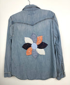 Jordache Denim Shirt with Patchwork Quilt Flower Back at Blue Sparrow Shop