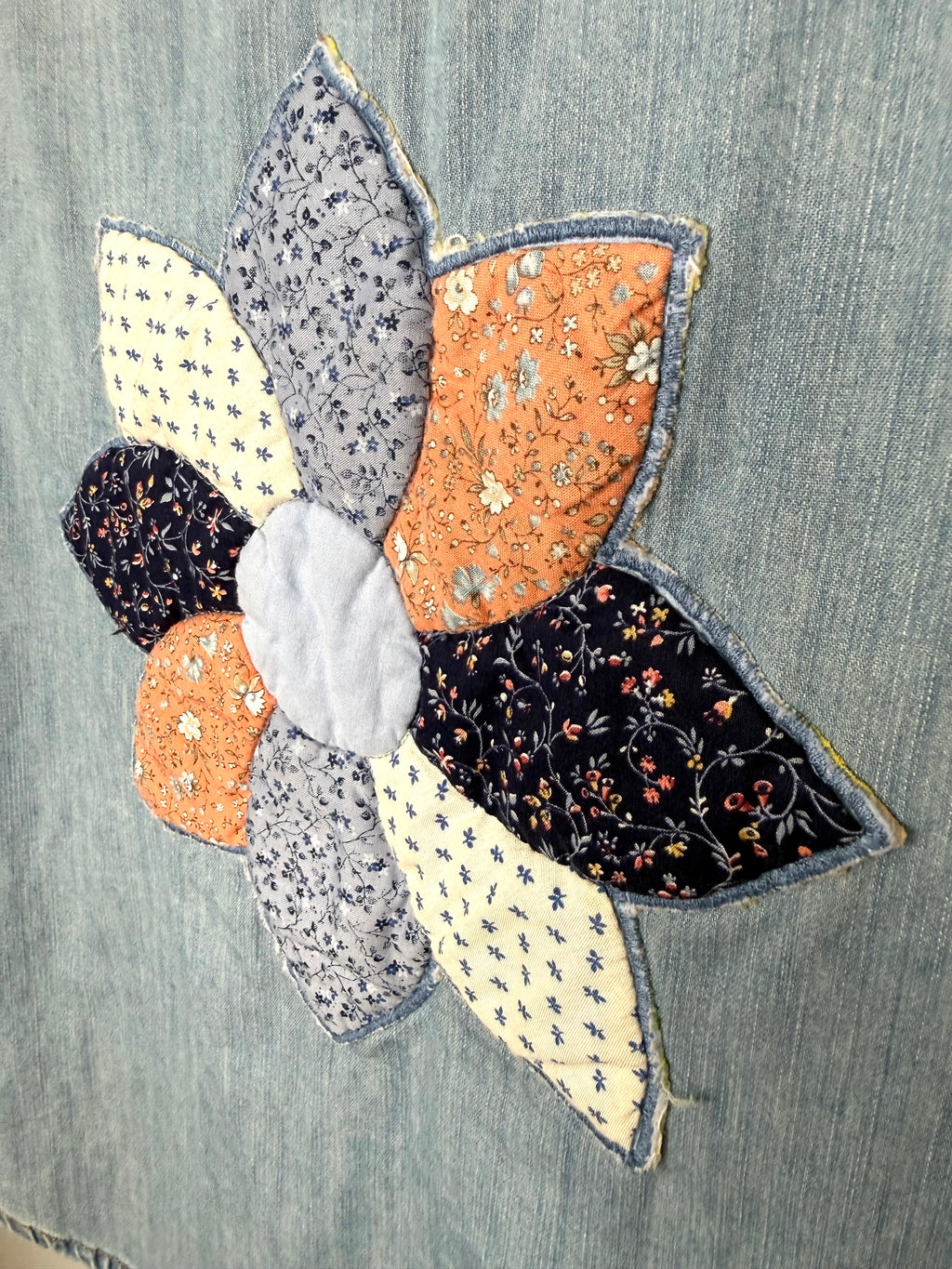 Jordache Denim Shirt with Patchwork Quilt Flower Back at Blue Sparrow Shop close up of quilted flower 