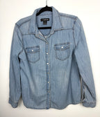 Jordache Denim Shirt with Patchwork Quilt Flower Back at Blue Sparrow Shop front of shirt 