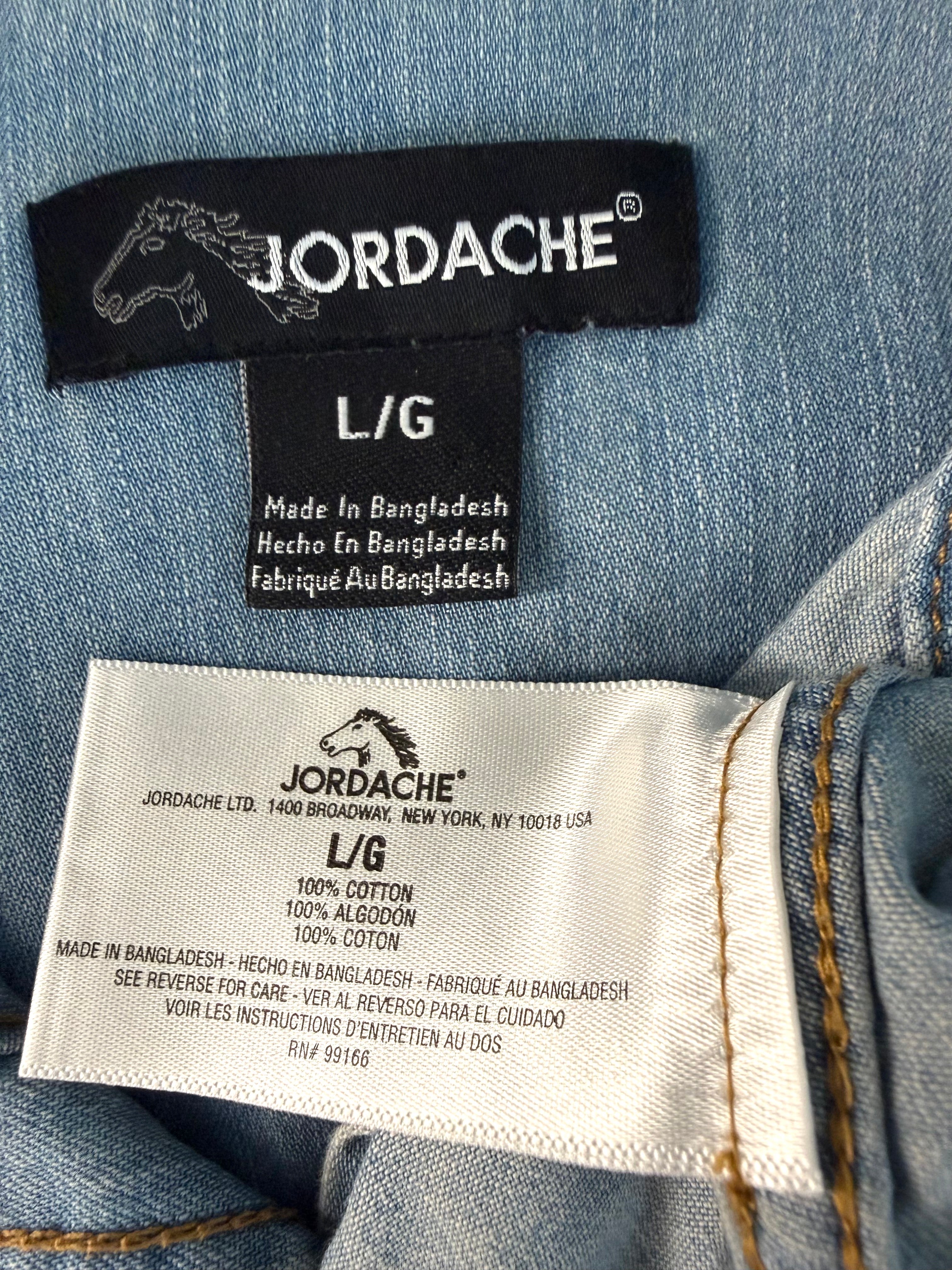 Jordache Denim Shirt with Patchwork Quilt Flower Back at Blue Sparrow Shop inside tag 100% cotton
