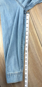 Jordache Denim Shirt with Patchwork Quilt Flower Back at Blue Sparrow Shop measuring 17" sleeve 